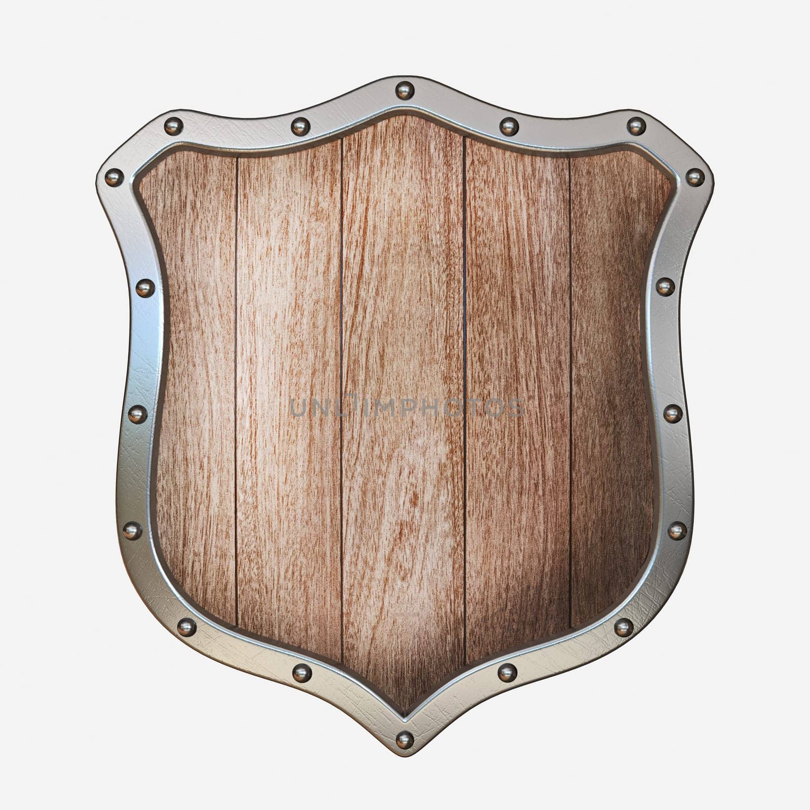 Wooden shield with steel frame 3D rendering illustration isolated on white background