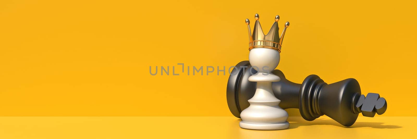 White pawn with golden crown and black fallen chess king 3D rendering illustration isolated on yellow background