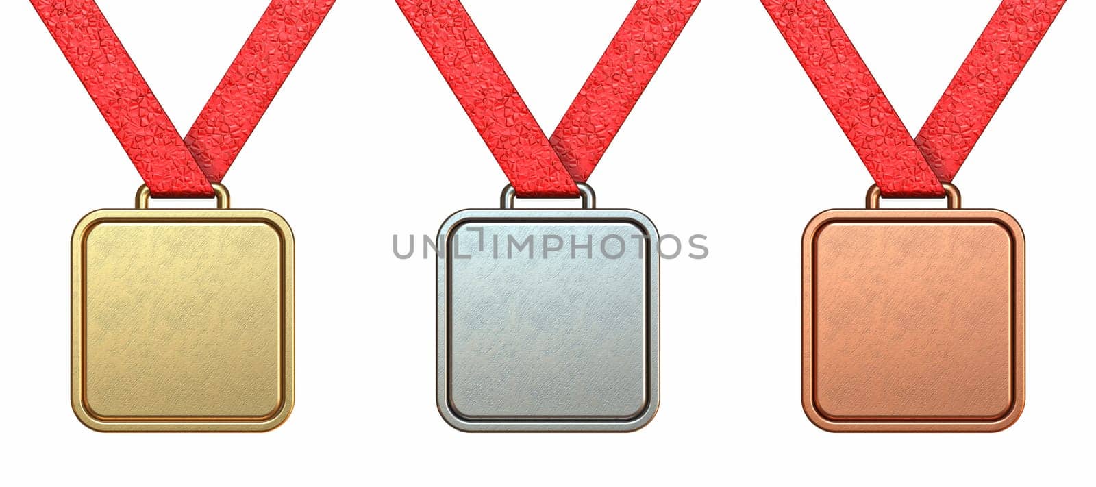 Golden, silver and bronze square medal collection 3D rendering illustration isolated on white background