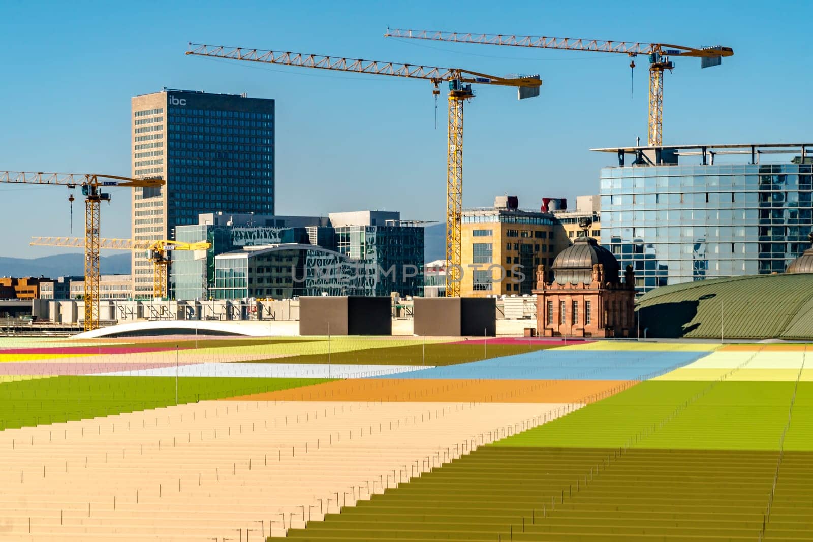 Frankfurt Hesse, GERMANY: October, 09, 2021, construction sites with cranes and high-rise buildings under construction in the new europaviertel in frankfurt am main