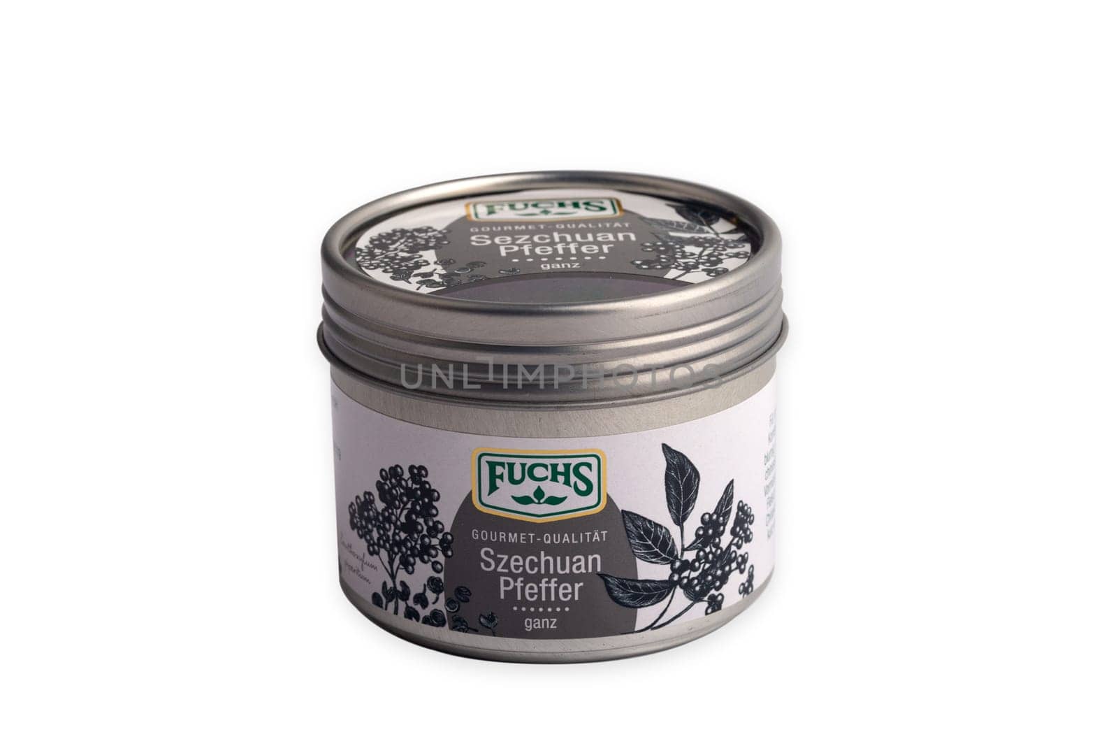 Huettenberg, GERMANY: 2021-10-18: Fuchs Szechuan Pepper in an aluminum can. The Fuchs Group is the largest German spice manufacturer.