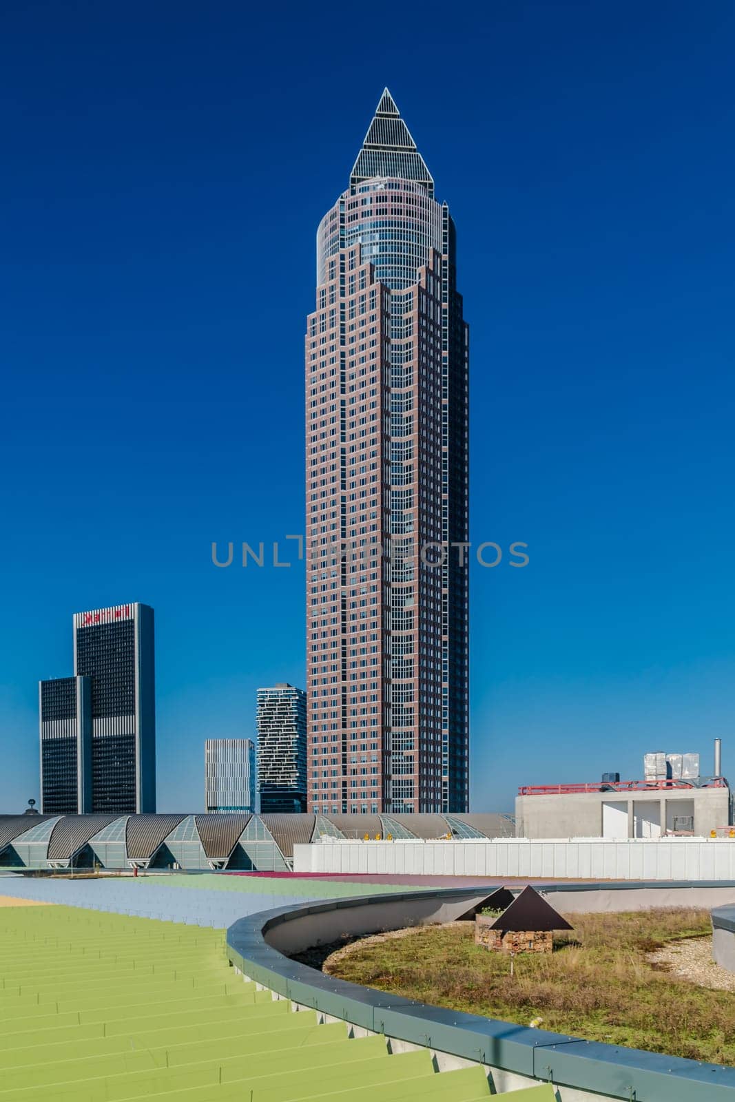 Frankfurt, GERMANY - October 9, 2021: Messeturm, or Trade Fair Tower, is a 63-storey, 257 m 843 ft skyscraper in Frankfurt, Germany