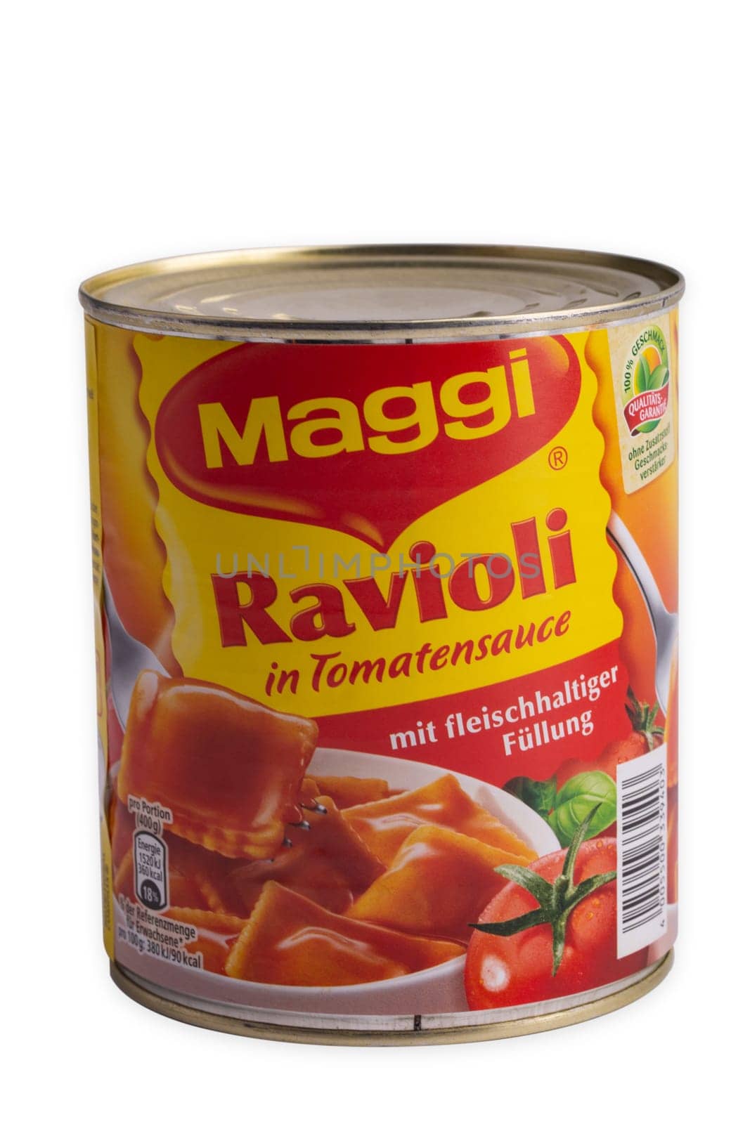 Huettenberg, GERMANY - 2021-10-18 A large tin can of Maggi ravioli on a white background