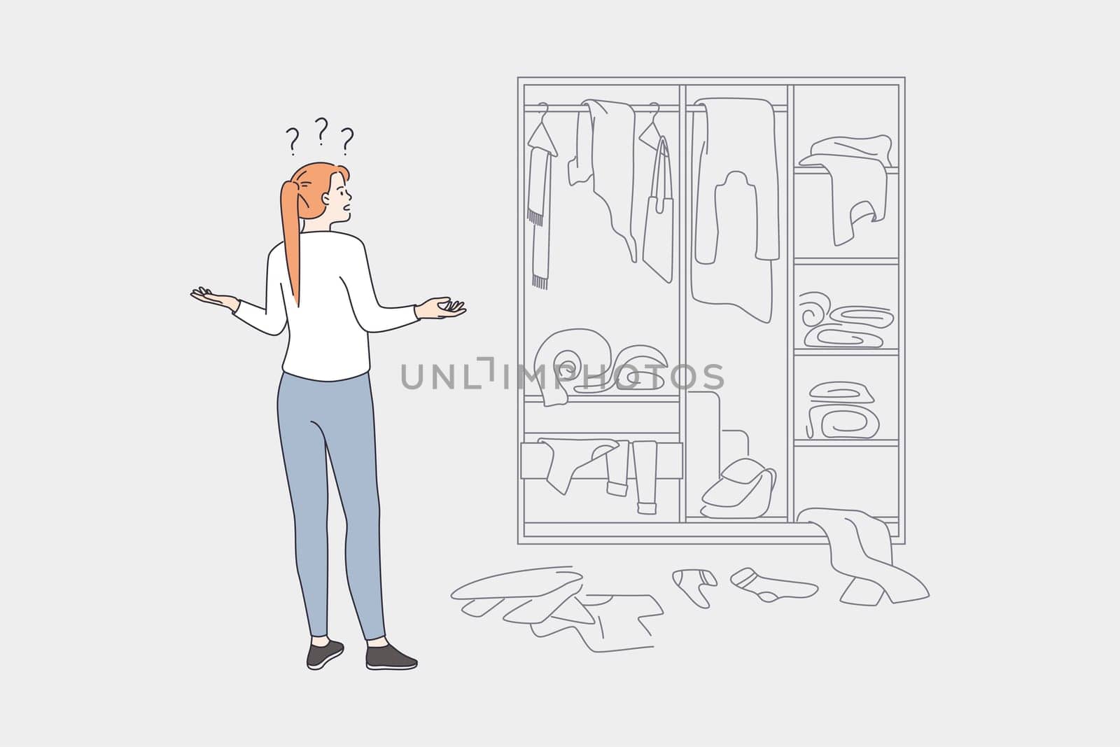 Difficult choice and wardrobe concept. Young frustrated woman cartoon character standing looking at chaos in wardrobe trying to choose clothes vector illustration