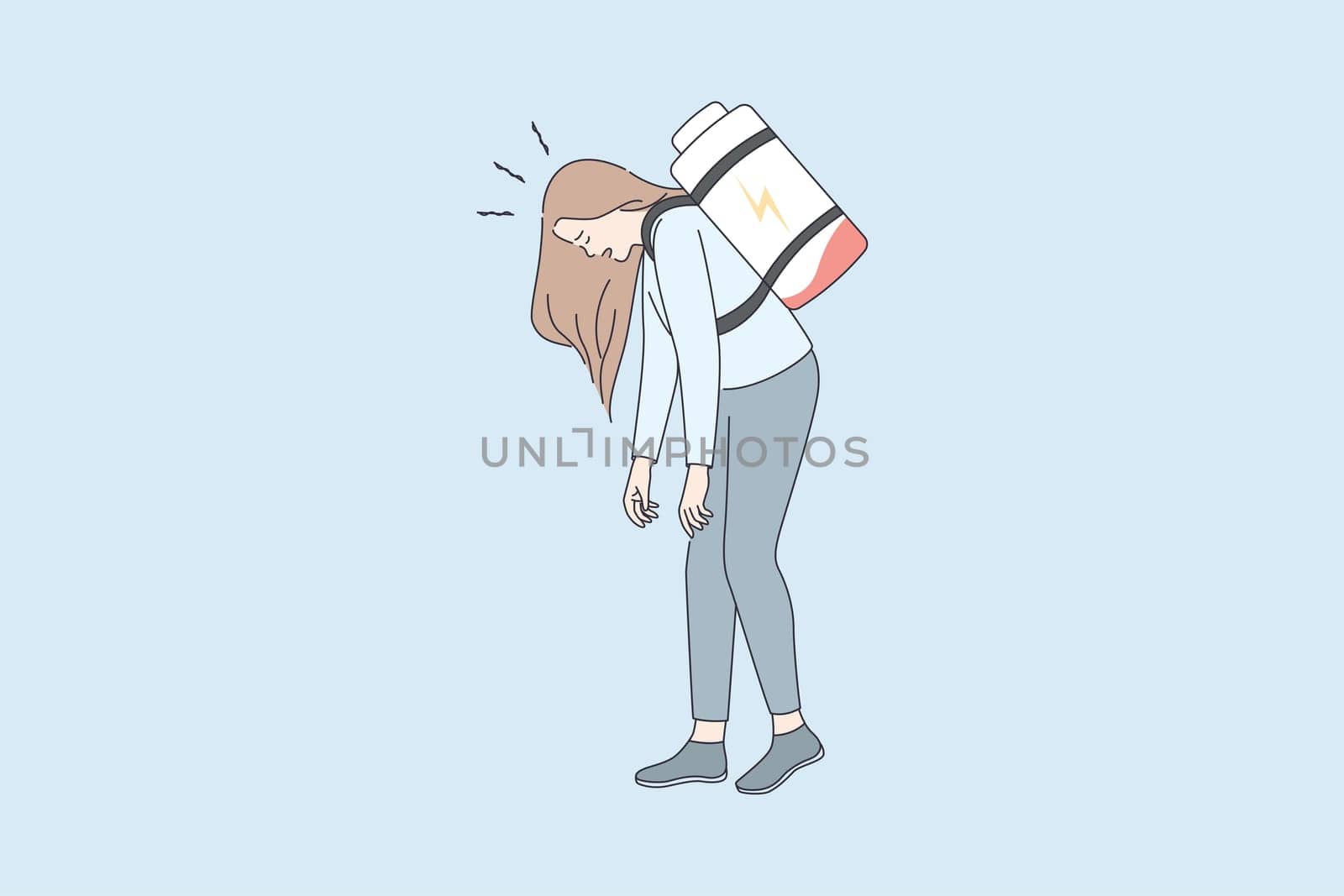 Low energy and tiredness concept. Young stressed tired woman standing with low battery as backpack on back feeling down vector illustration