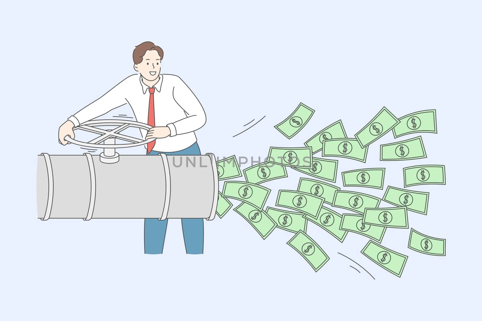 Financial success and wealth concept. Young smiling businessman standing and blowing heaps of cash money dollars from tube vector illustration