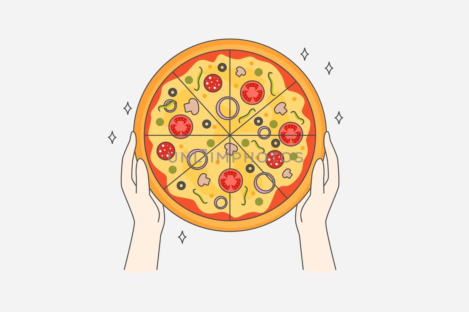 Eating pizza and fast food concept. Top view of human hands holding fresh baked pizza with salami tomatoes mushrooms for dinner vector illustration
