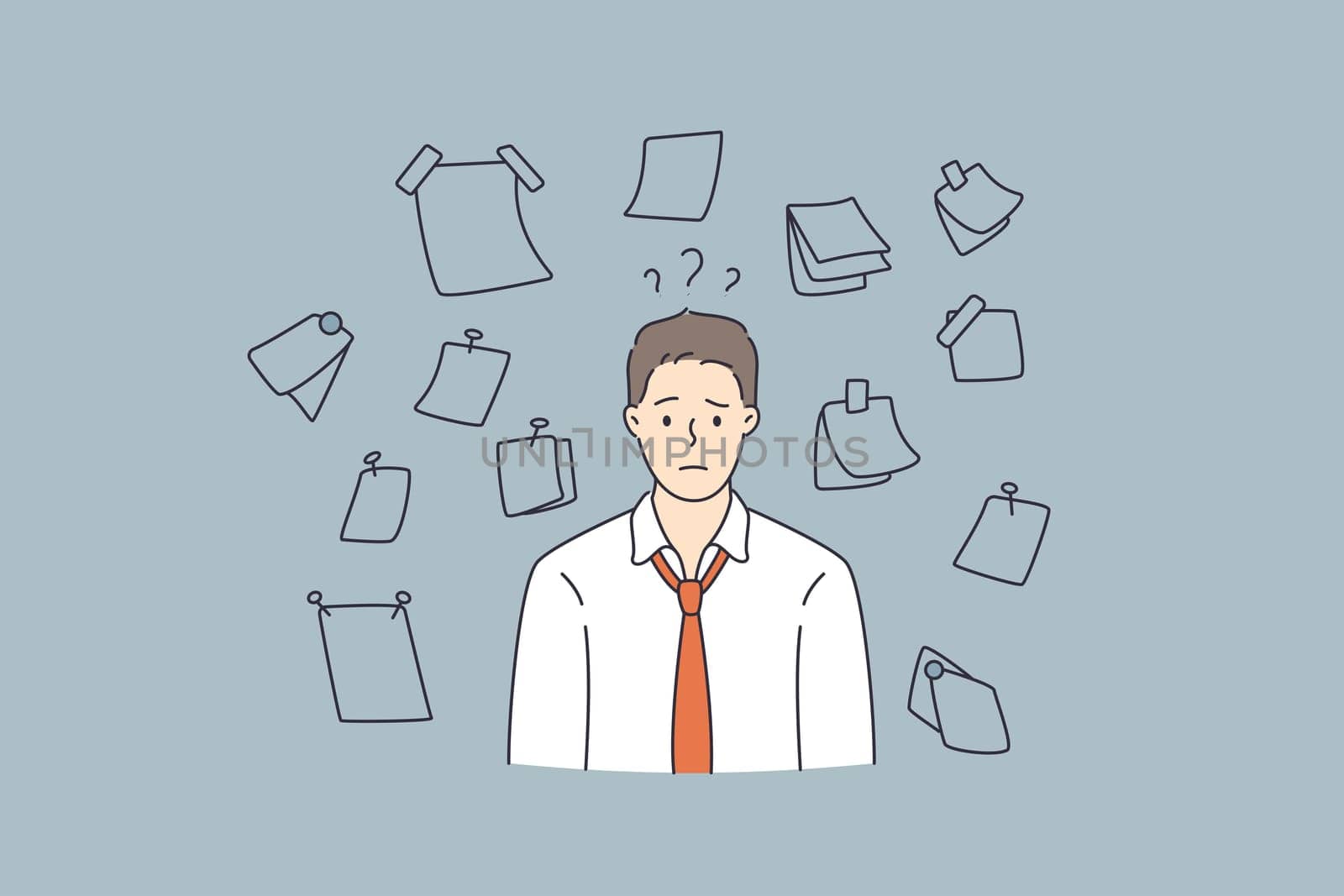 Having much work and duties concept. Young stressed man worker cartoon character standing feeling frustrated with variety of notes papers on wall vector illustration