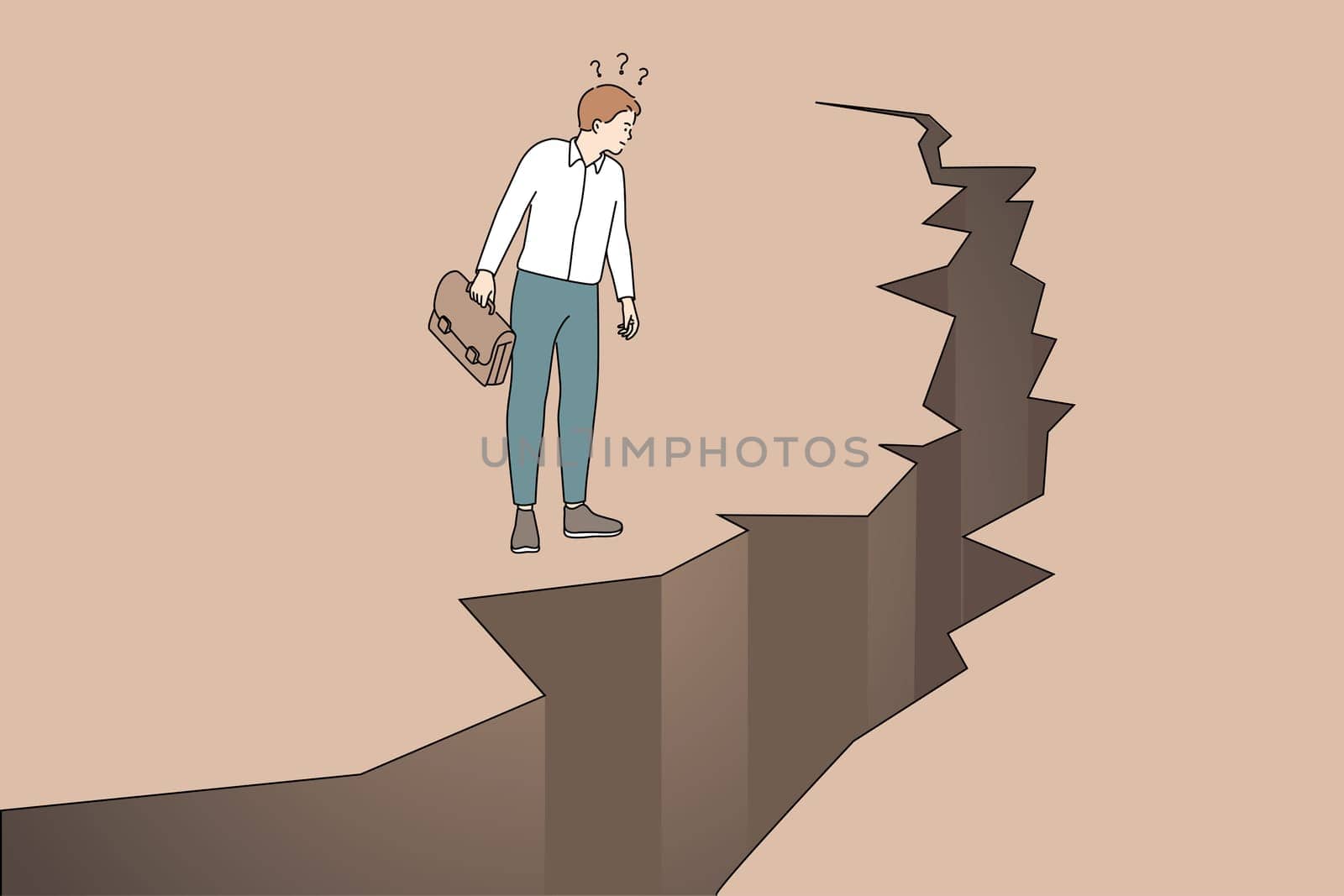 Business danger and challenge concept. Young frustrated businessman cartoon character standing looking at cracked ground abyss vector illustration