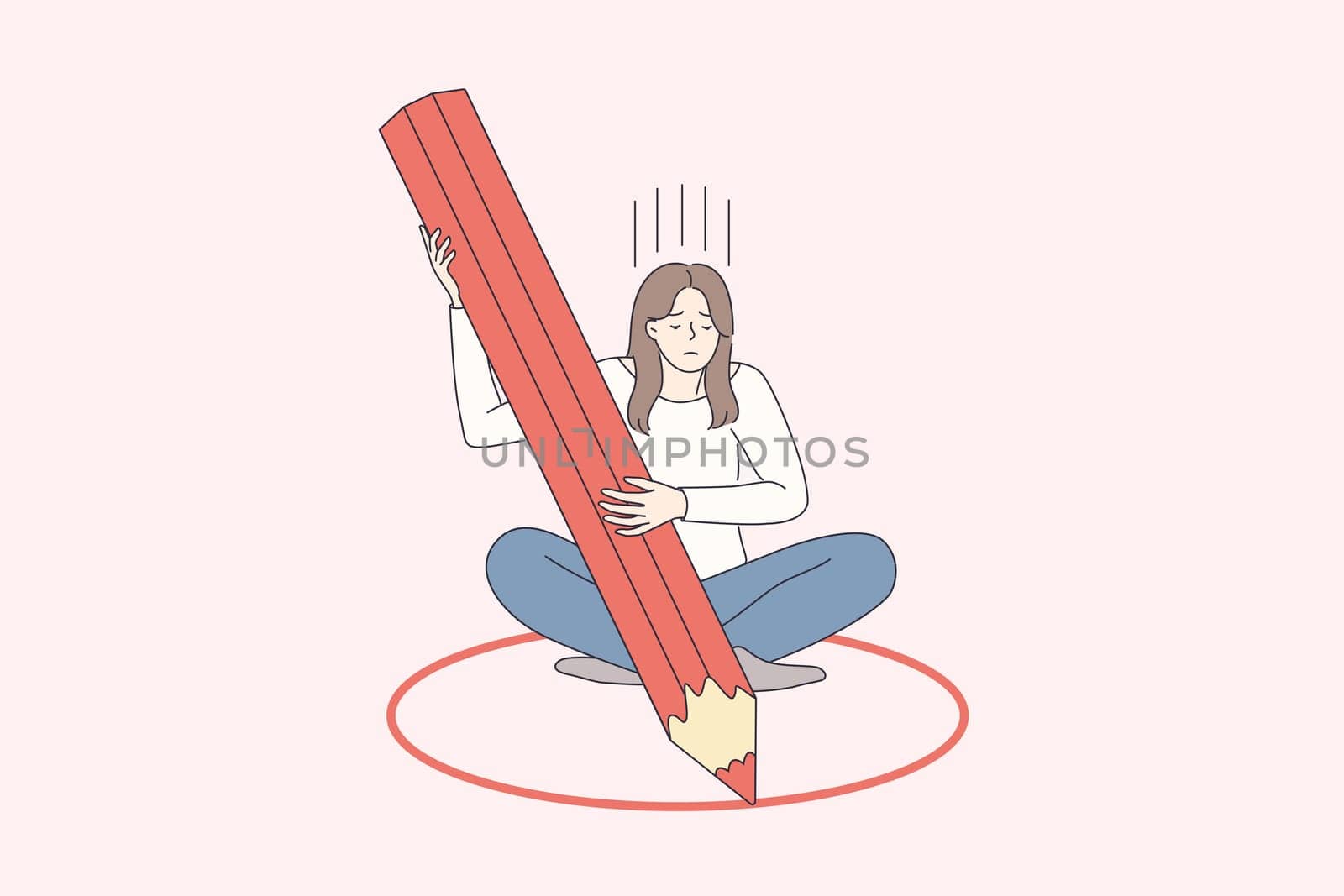 Personal boundaries and loneliness concept. Young frustrated woman cartoon character sitting in small red circle drawing with pencil feeling not free vector illustration