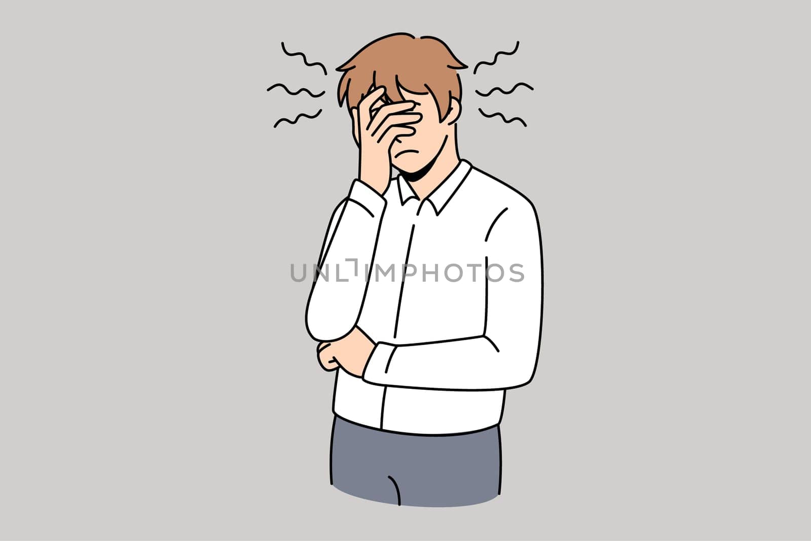 Stress irritation and feeling sleepy concept. Young man worker cartoon character standing touching covering face with hands feeling exhausted and sleepy vector illustration