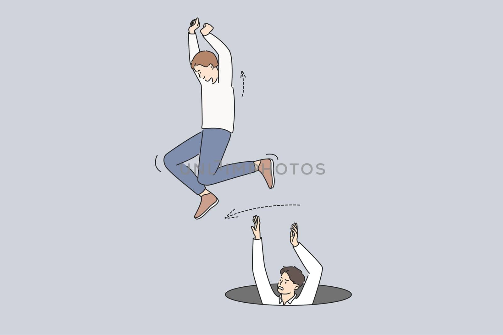 Business competition and leadership concept. Young positive man jumping over another looking from hole feeling leader success vector illustration