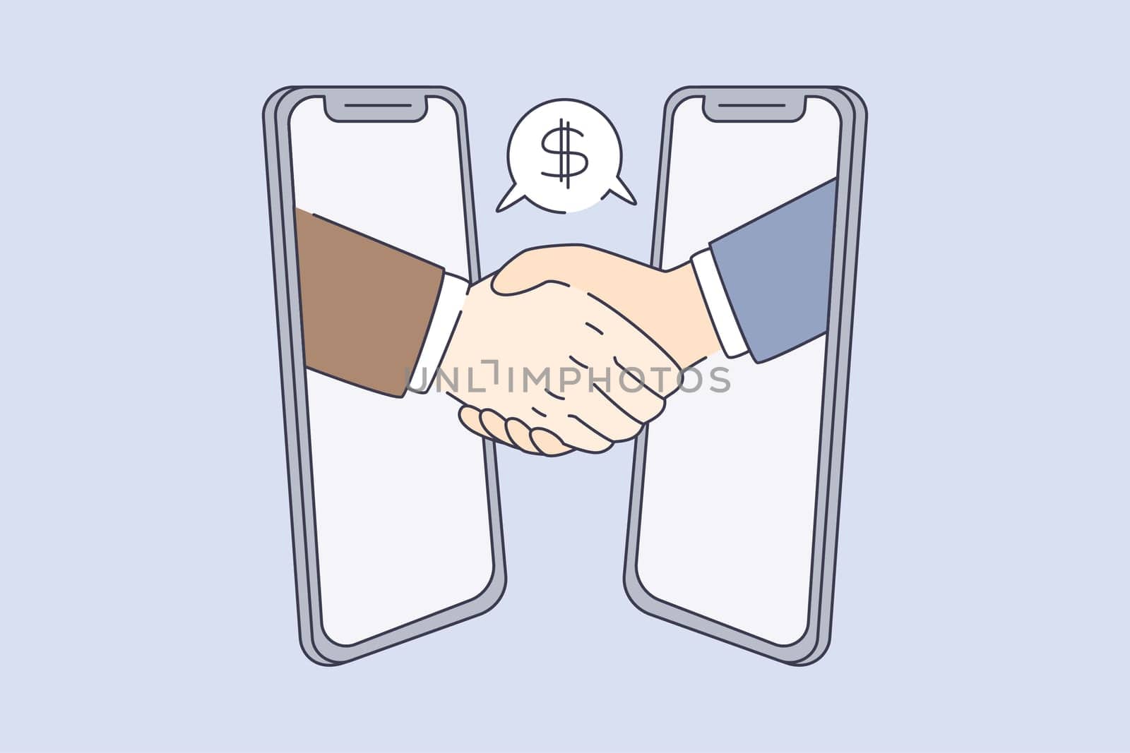 Online business deal and collaboration concept. hands of two businessmen partners making handshake after successful online deal vector illustration