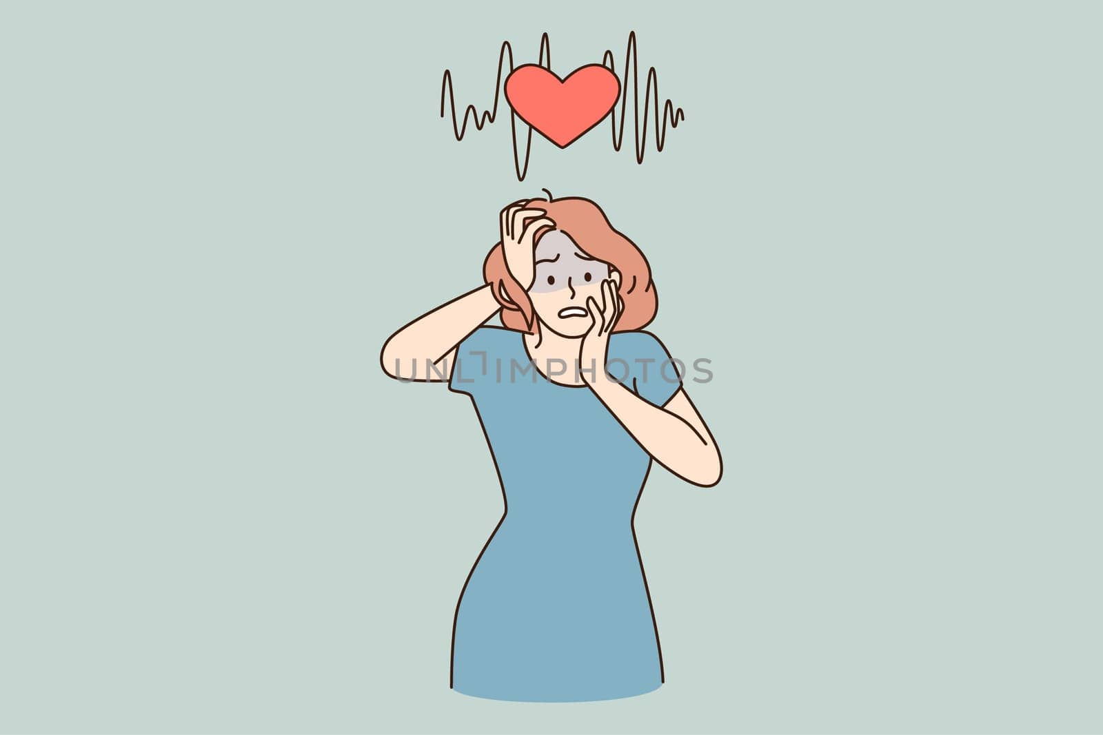 Feeing heart burn and panic concept. Young stressed shocked woman cartoon character standing touching face feeling panic vector illustration