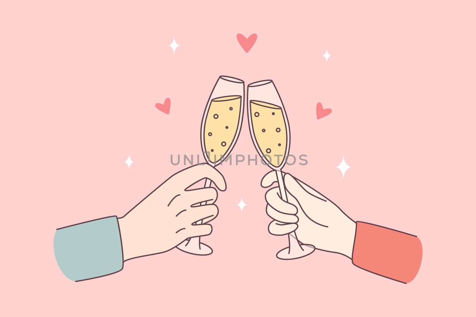 Celebrating with champagne and cheers concept. Human hands of couple clinking glasses with sparkling wine celebrating holiday vector illustration
