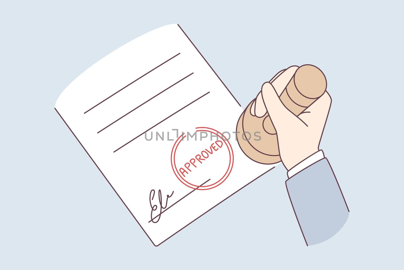 Verification and approval of official document concept. Human hand holding official stamp over approved document with signature vector illustration