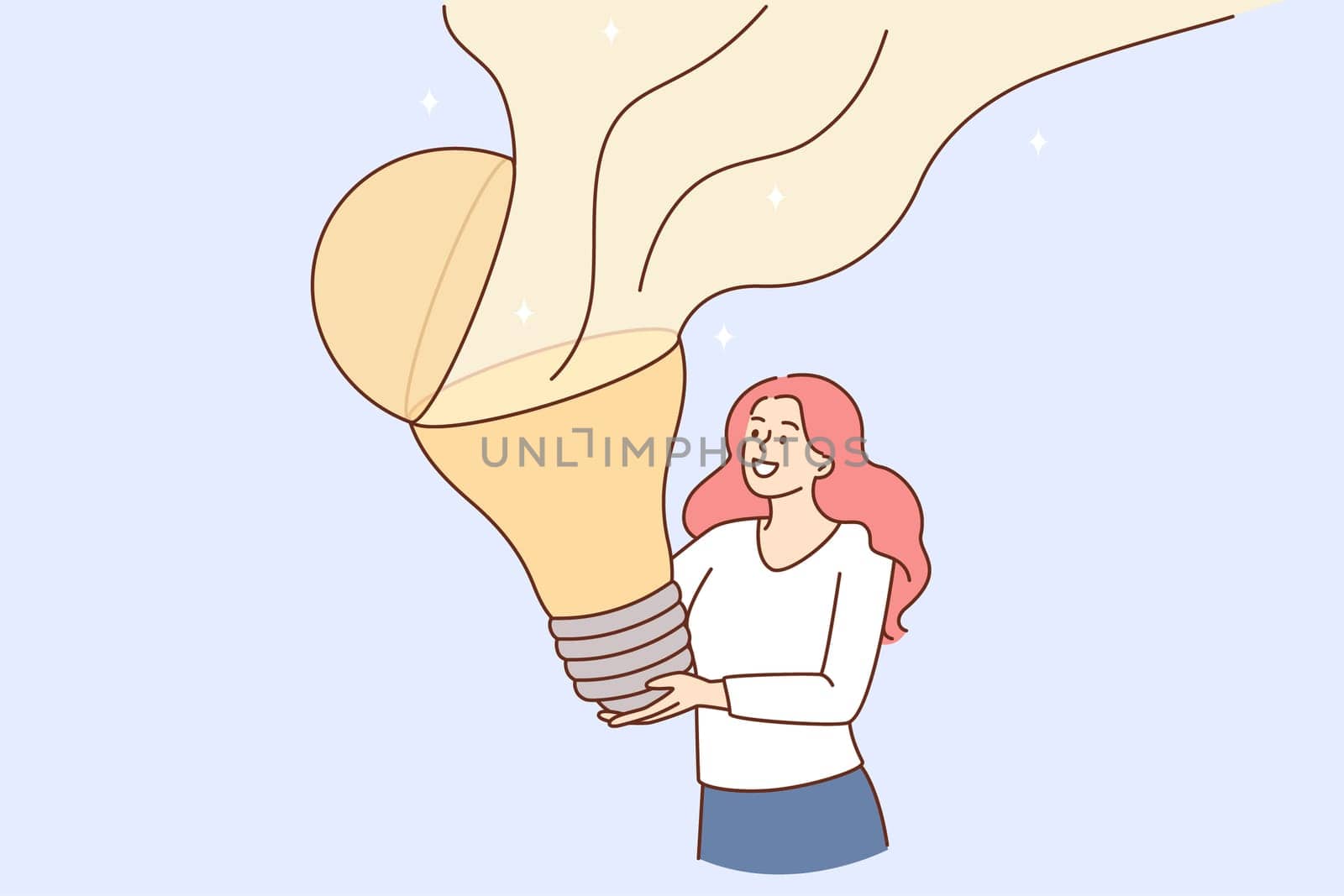 Creativity and great idea concept. Young smiling woman cartoon character standing holding huge light bulb with flying blame vector illustration