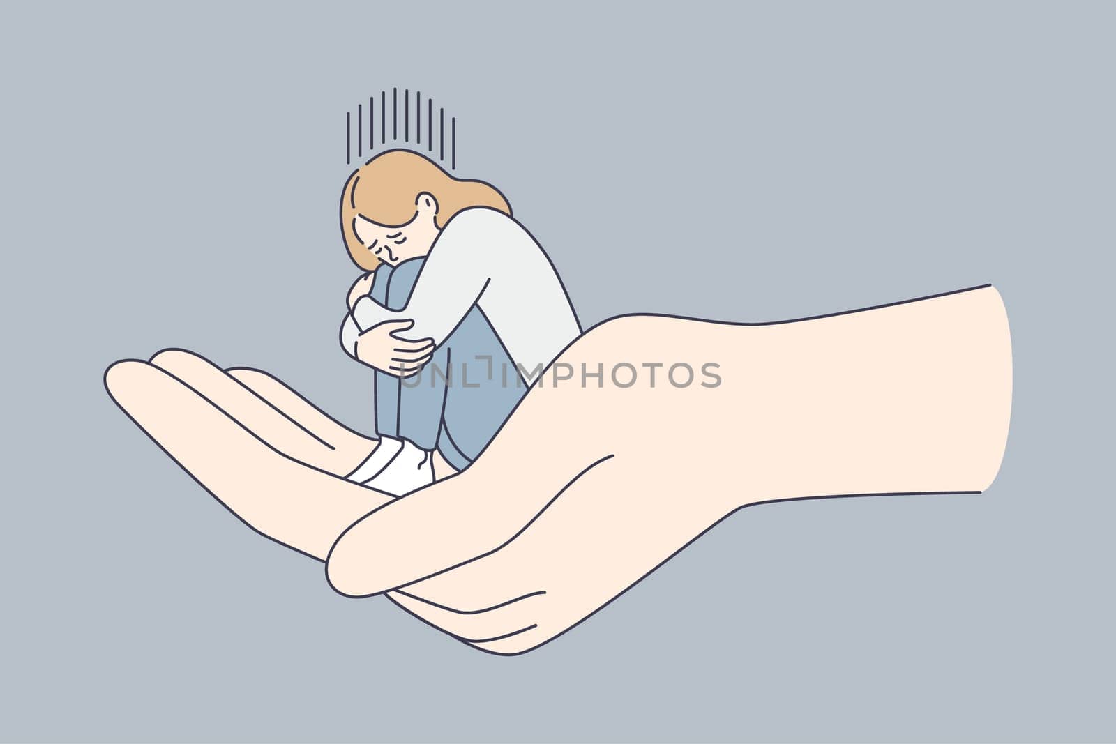 Helping hand and depression concept. Huge human hand holding tiny sitting depressed unhappy sad woman over grey background vector illustration