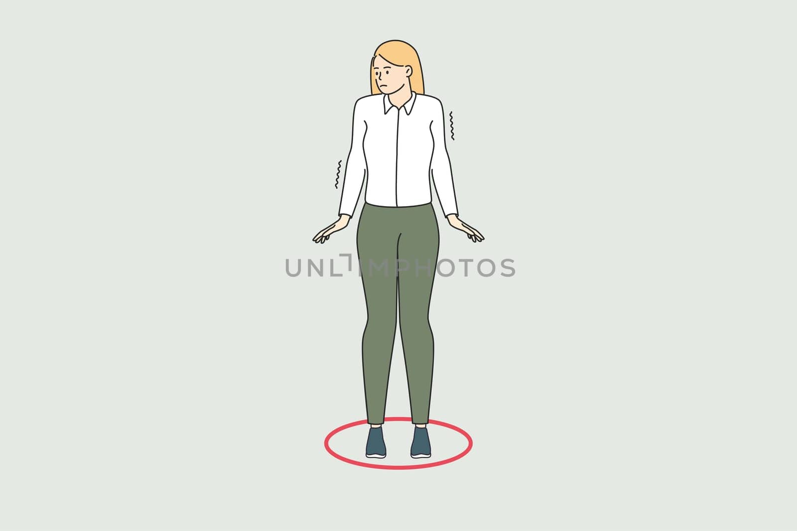 Personal development and borders concept. Young frustrated woman cartoon character standing in small red circle feeling not free vector illustration