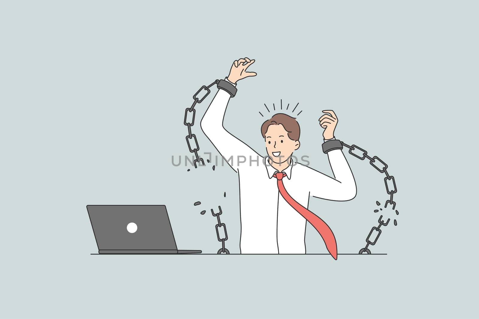 Freedom and breaking fetter concept. Young positive businessman worker sitting in office at laptop breaking fetters feeling free vector illustration