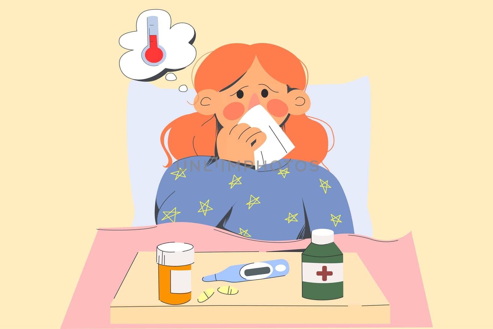 Sick young woman stay in bed cough sneeze suffer from flu or fever at home. Unhealthy ill girl with high temperature, have covid-19 corona virus symptoms. Healthcare, medicine. Vector illustration.