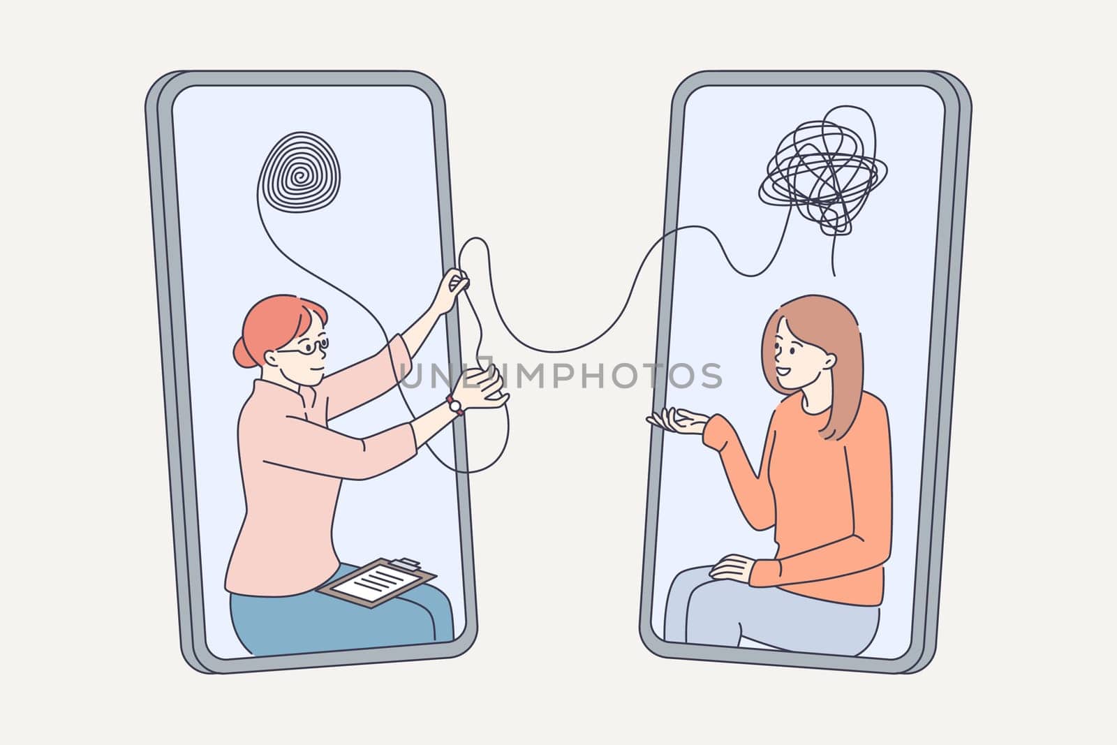 Online psychological help and technologies concept. Young woman doctor making online consultation and helping to release young girl patient from mind mess vector illustration