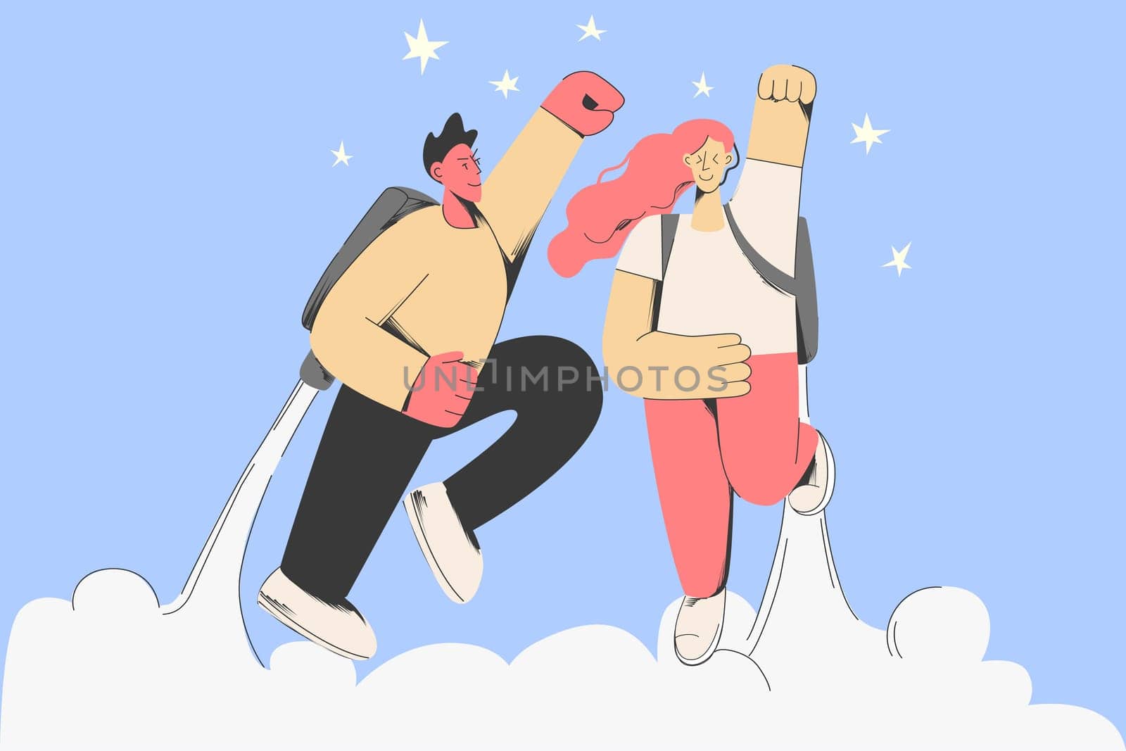 Happy man and woman reach star fly above clouds, achieve goal or purpose. Excited successful people aim high. Accomplishment and achievement, career success concept. Flat vector illustration.