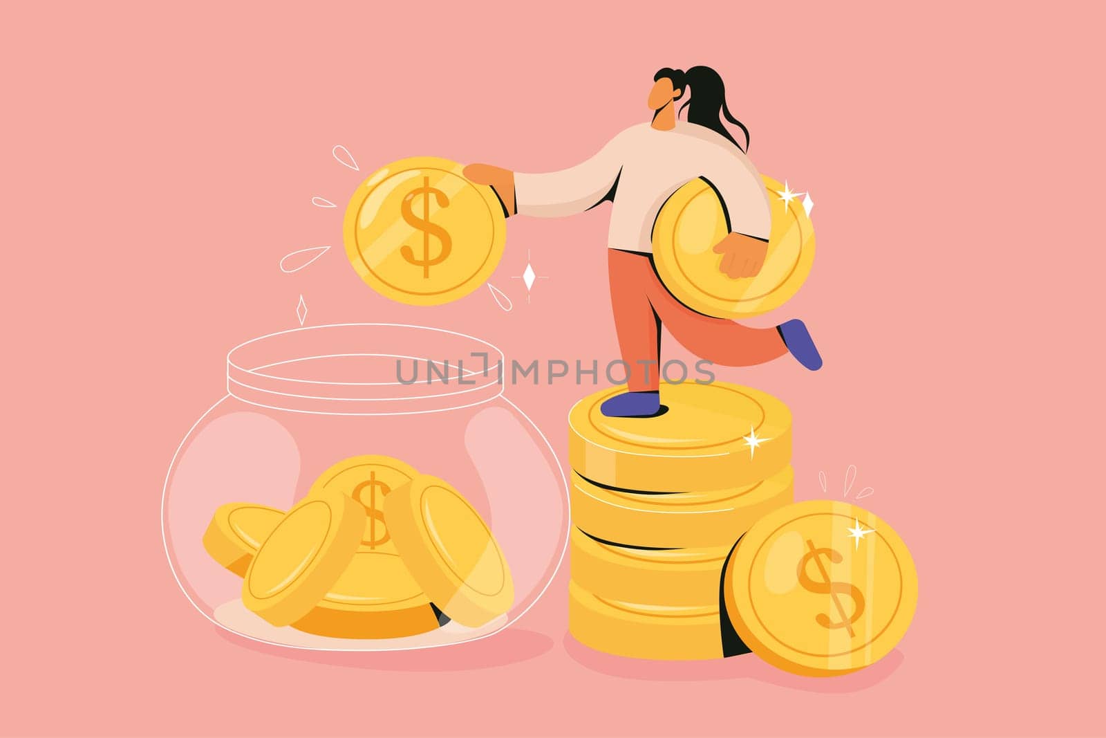 Woman drop coin into jar collecting money