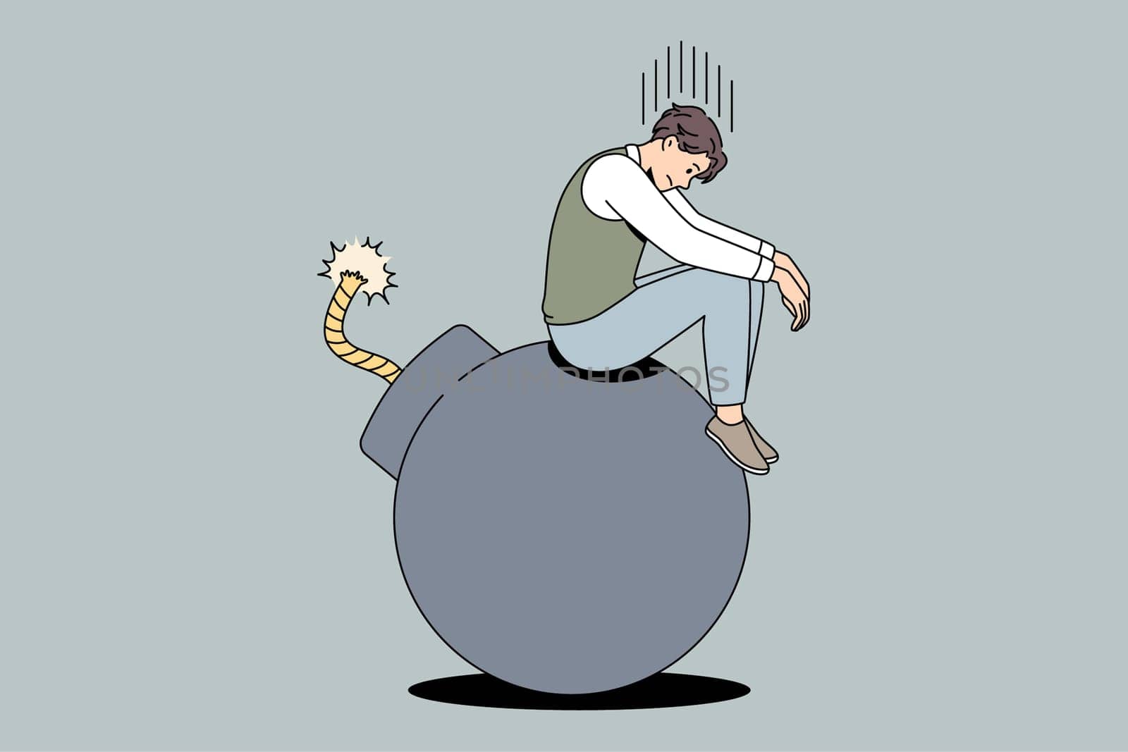 Business danger and crisis concept. Young stressed unhappy businessman sitting on bomb feeling unsafe and despair vector illustration