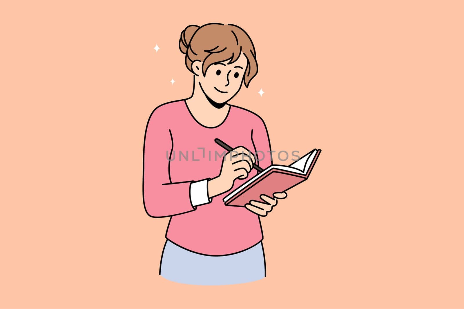 Making notes and writing diary concept. Young smiling woman cartoon character standing making notes in her diary vector illustration