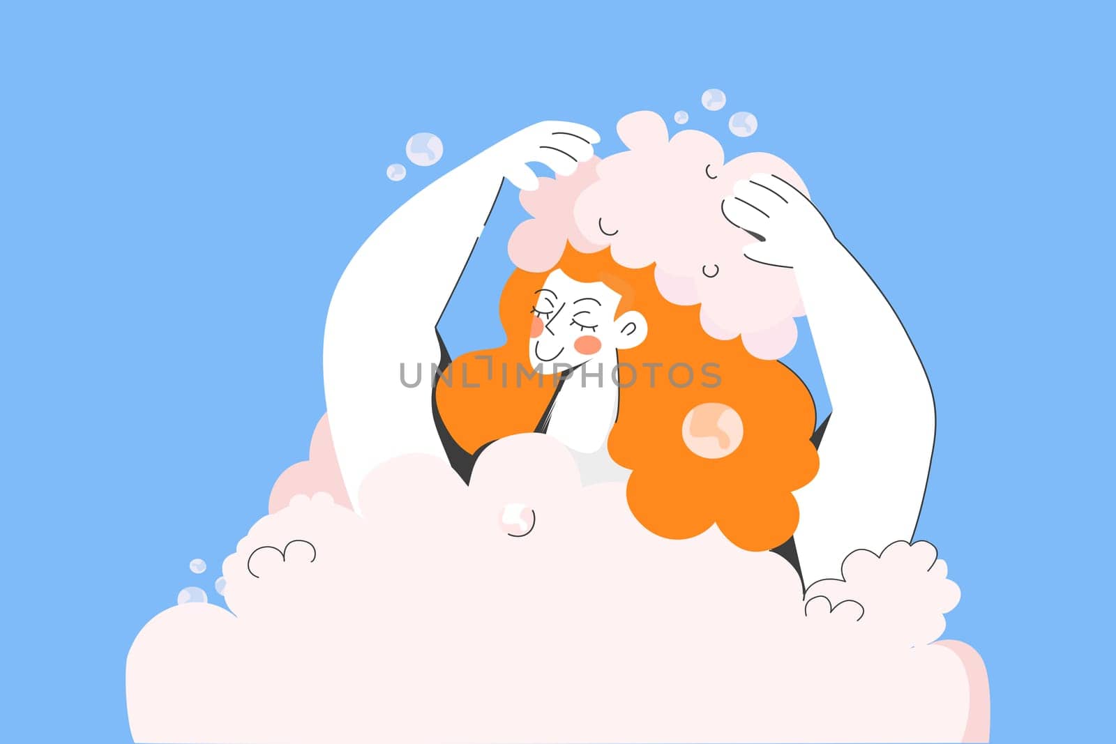 Happy young woman wash hair with shampoo, get bath or shower at home. Smiling millennial redhead girl clean head foam and bubble. Beauty treatment procedure, hygiene. Vector illustration.