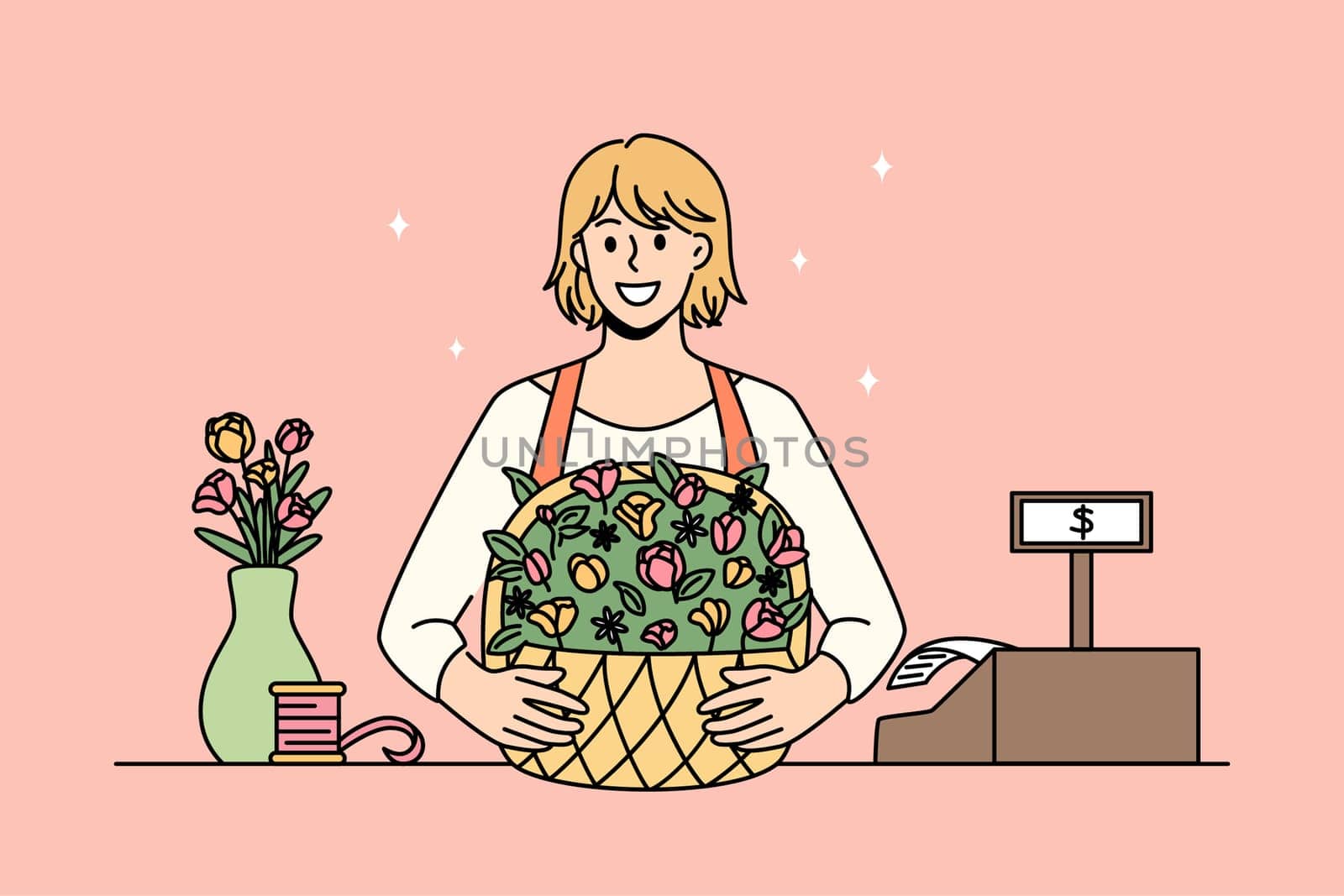 Working as florist at store concept. Young smiling woman cartoon character standing at store with bouquet during her florist work vector illustration