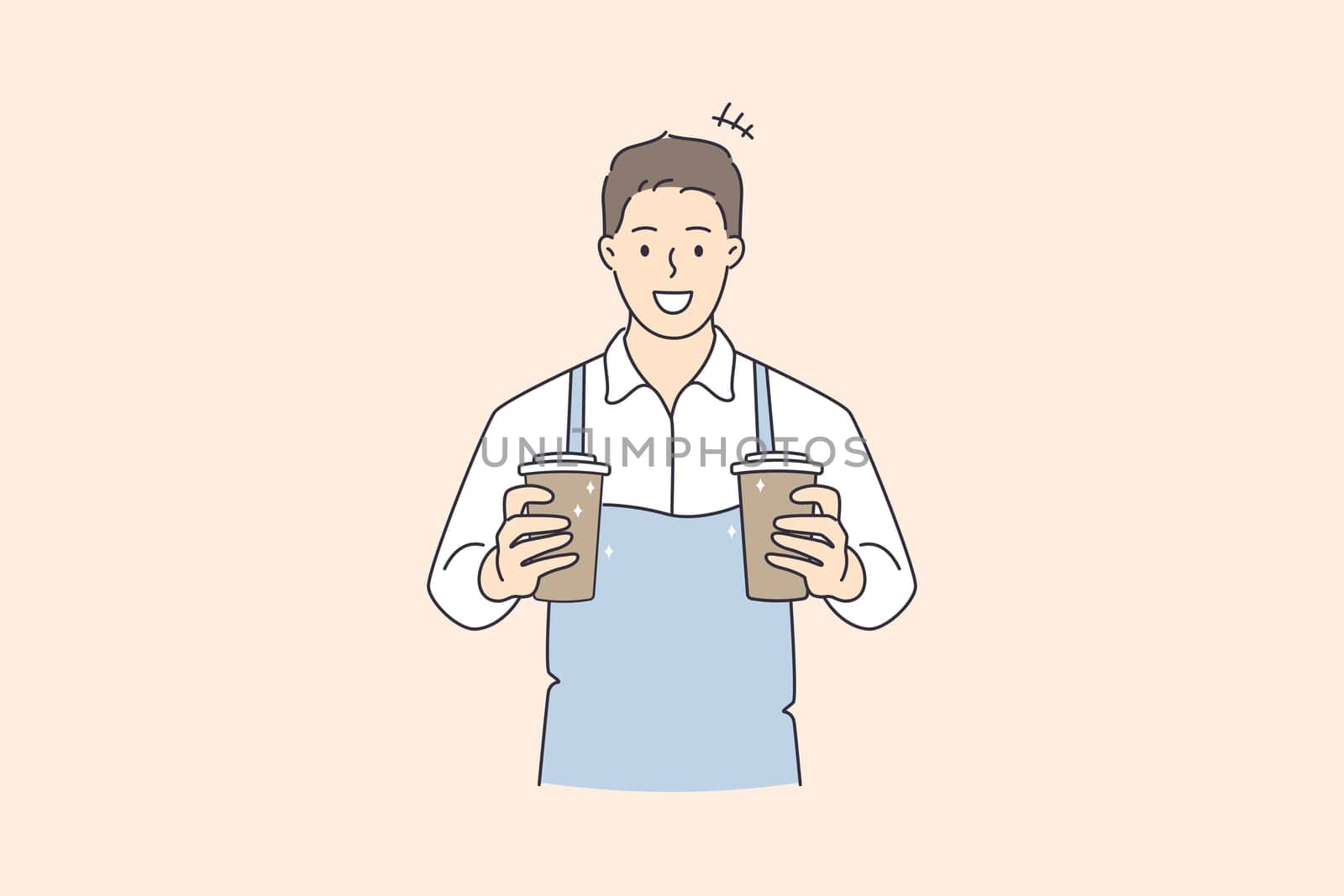 Working as barista in cafeteria concept. Young smiling man barista cartoon character wearing apron standing holding cups with coffee drink vector illustration
