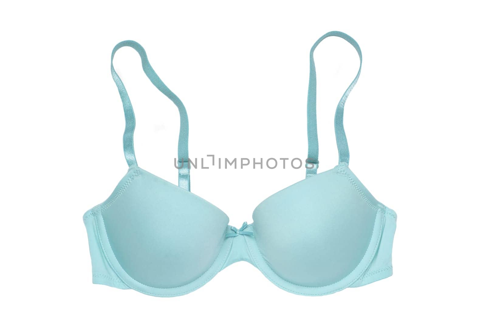 Bra isolated. Closeup of beautiful female stylish blue bra with straps isolated on a white background. Fashionable sexy women underwear.