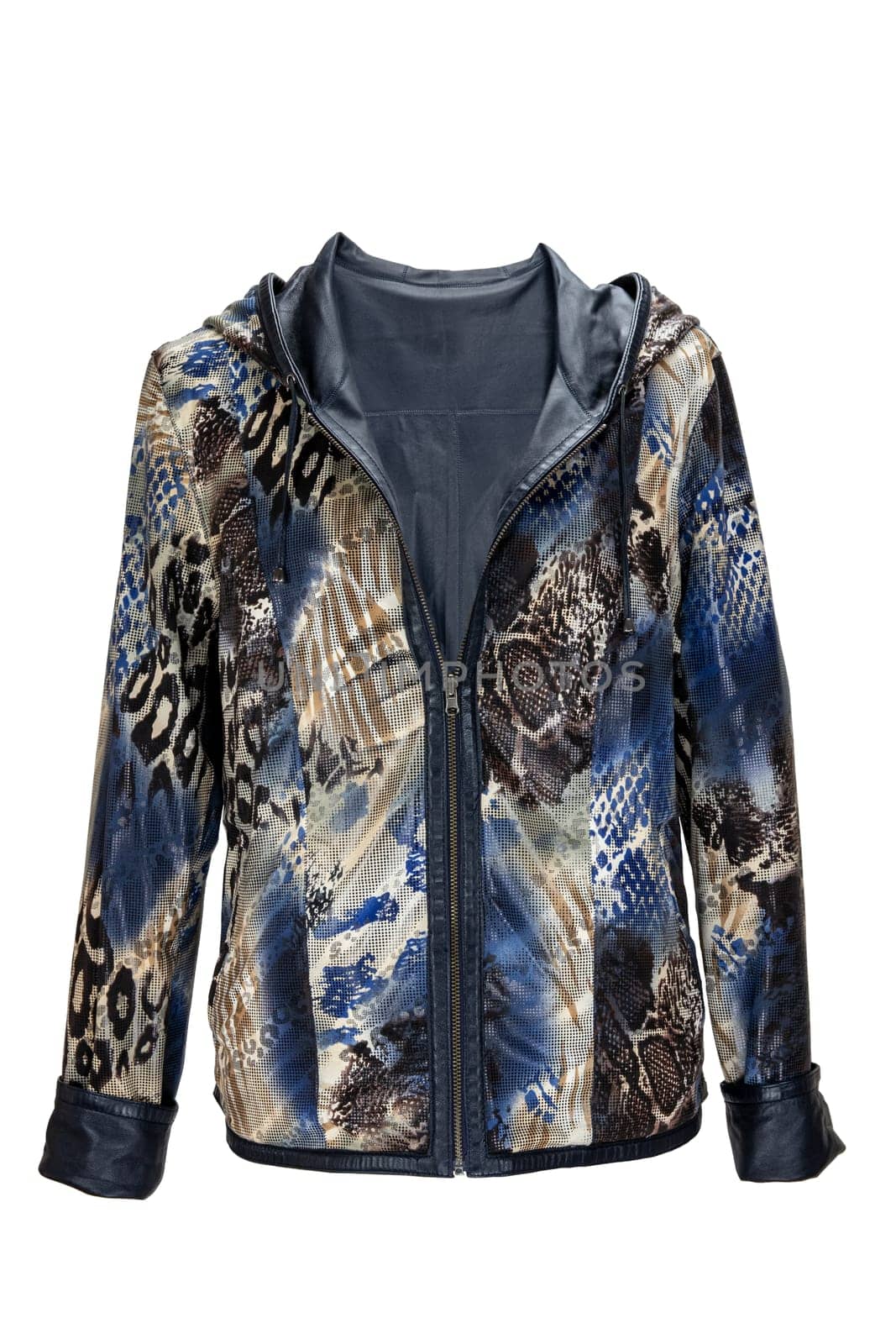 Leather jacket. Stylish elegant and luxurious female blue brown patterned leather jacket for woman isolated on a white background. Women fashion.