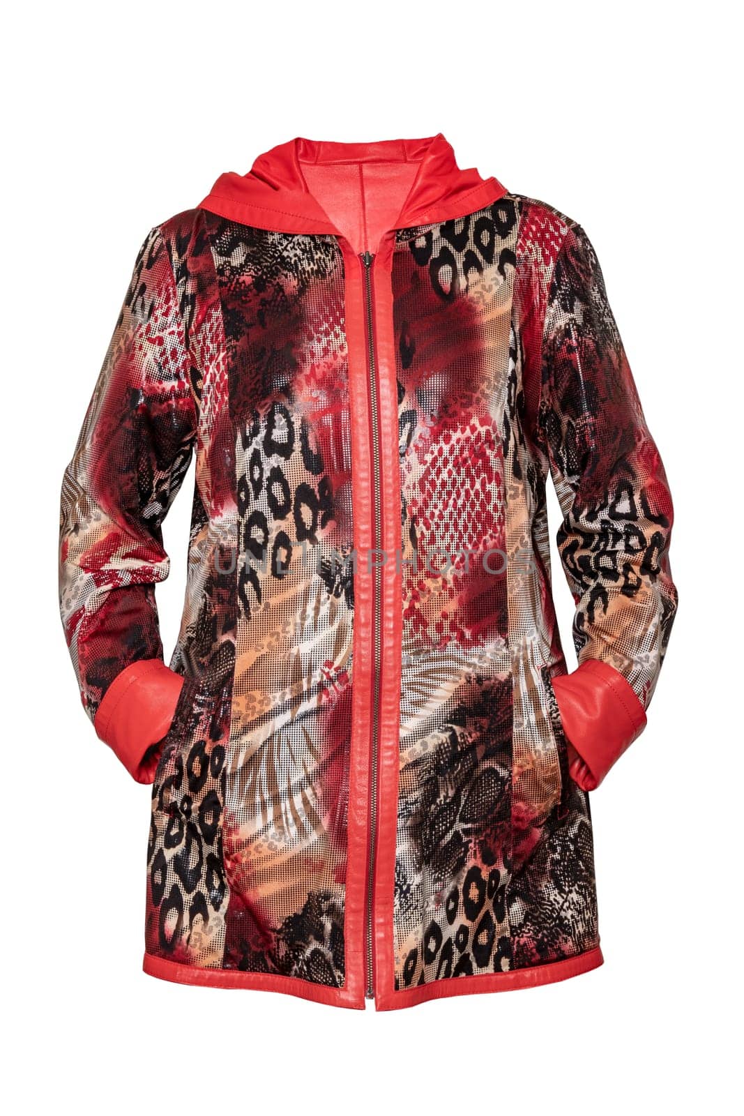 Leather coat. Stylish elegant and luxurious female red brown patterned leather jacket for woman isolated on a white background. Women fashion.