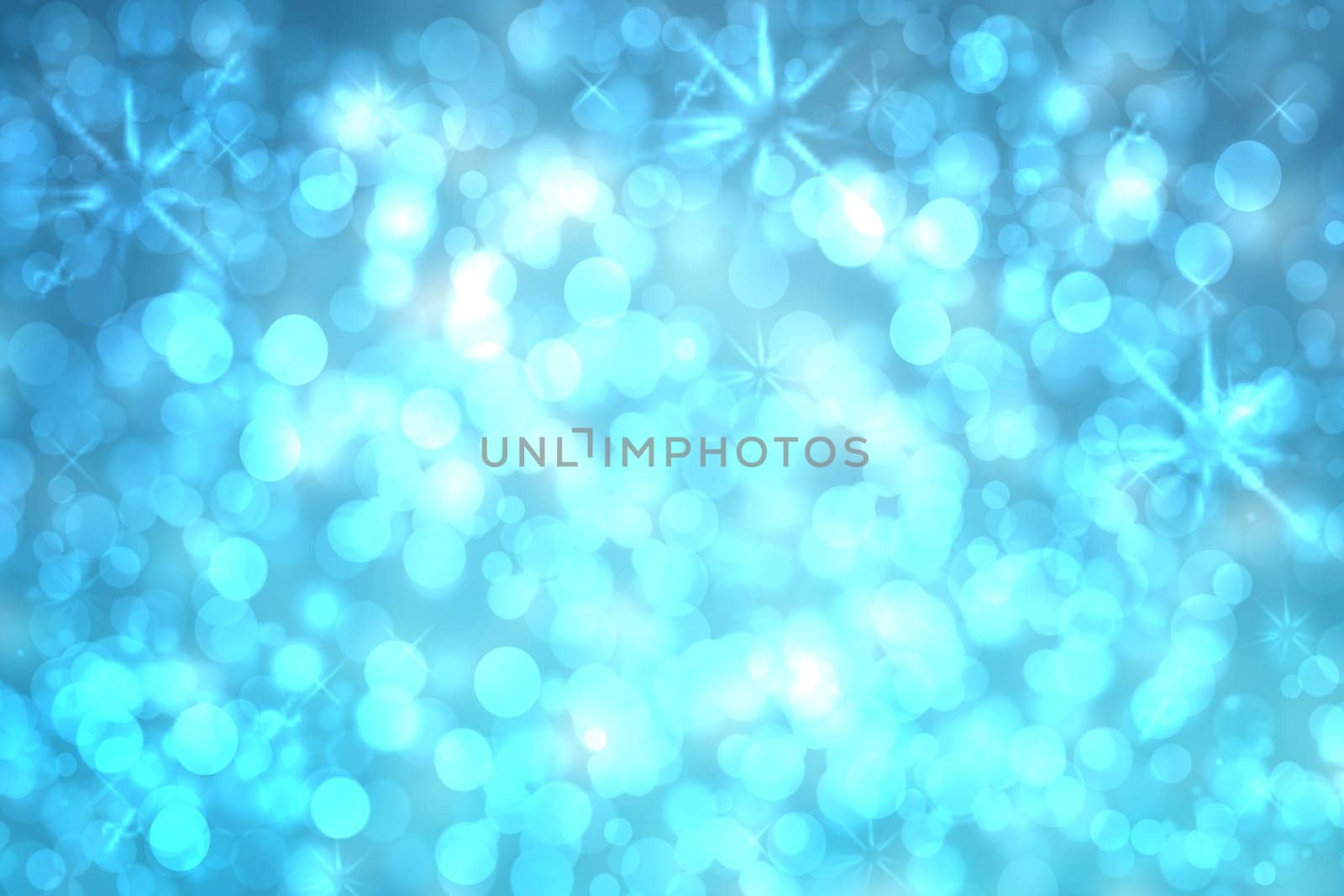 Abstract blurred festive delicate winter christmas or Happy New Year background texture with shiny light turquoise blue and bright bokeh lighted stars and snowflakes. Card concept.