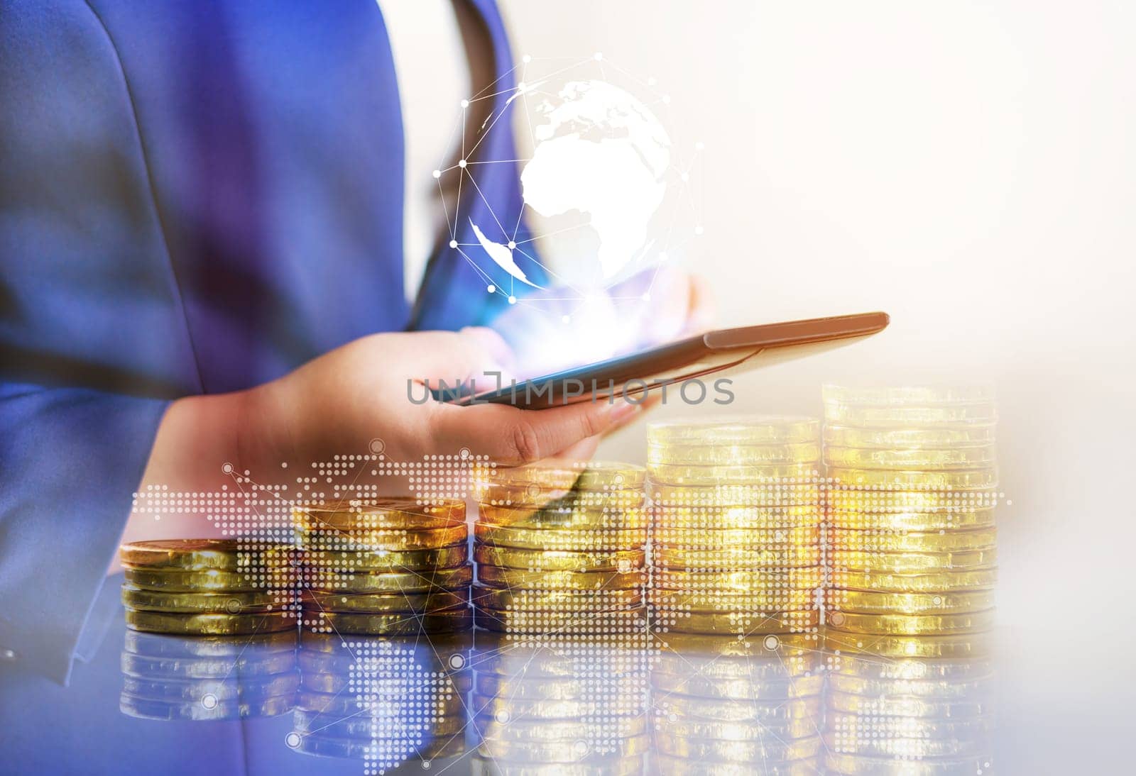 Double exposure online banking and internet banking and people networking account banking finance concept, Business women with laptop, phone, cellphone, tablet, smartphone mobile, and coin money on business office blurred background