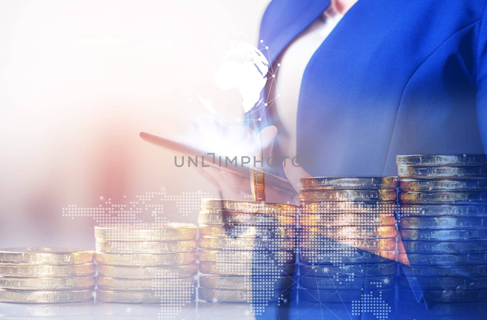 Double exposure online banking and internet banking and people networking account banking finance concept, Business women with laptop, phone, cellphone, tablet, smartphone mobile, and coin money on business office table