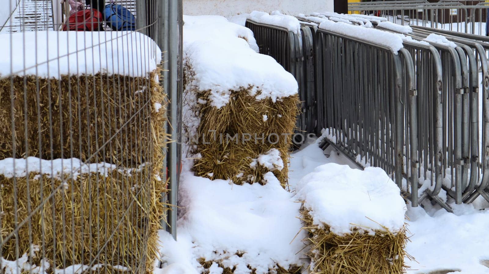 A portable metal event fence is kept in one place at the fair in the snow outdoors in winter. Gray grates for cluttering the area and organizing the queue for the event