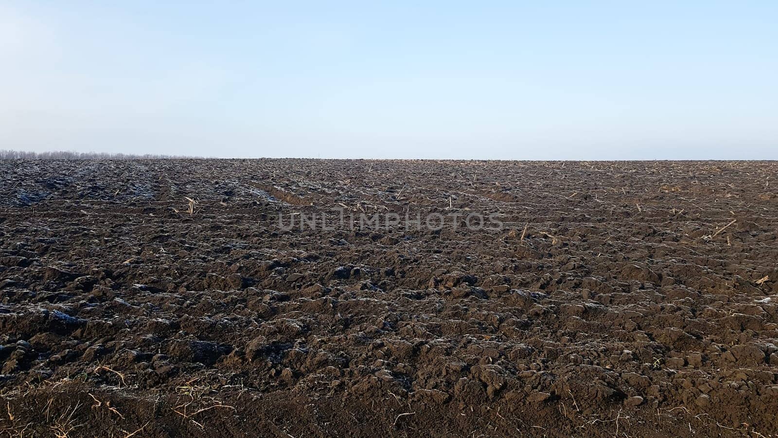 Agricultural field plowed by tractors under blue sky. The field has been plowed, crops have been sown. Close up of soil texture. Rural scene. Farming and food industry. Arable land of chernozem