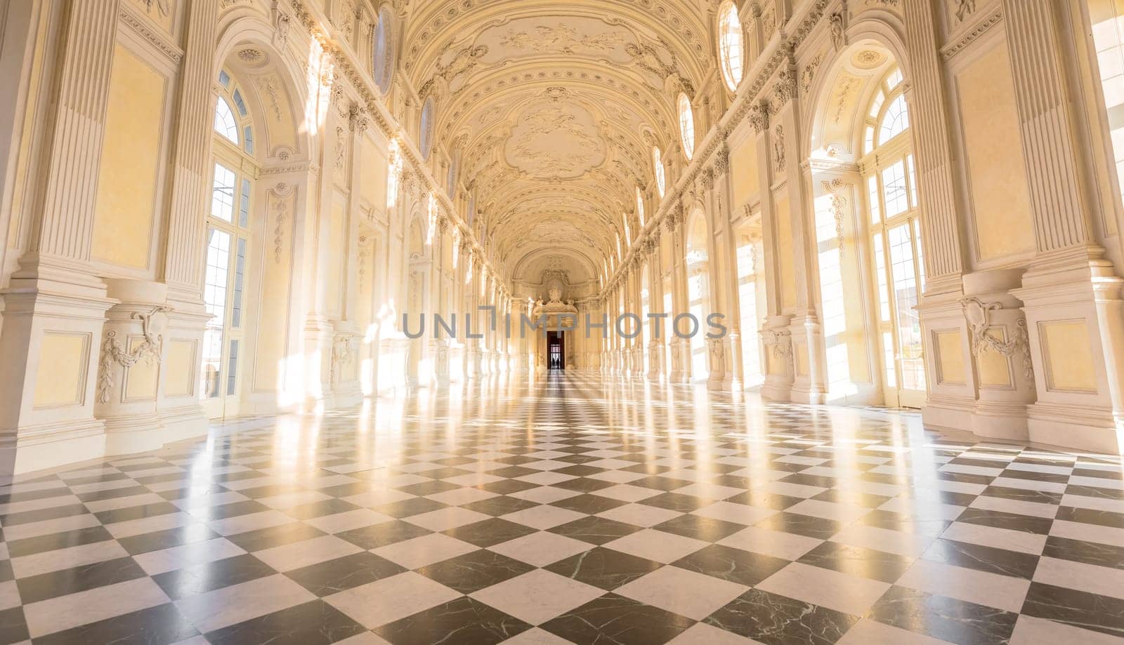 VENARIA REALE, ITALY - CIRCA SEPTEMBER 2020: luxury marble for this gallery interior. The Great Gallery is located in Reggia di Venaria Reale (Venaria Royal Palace)