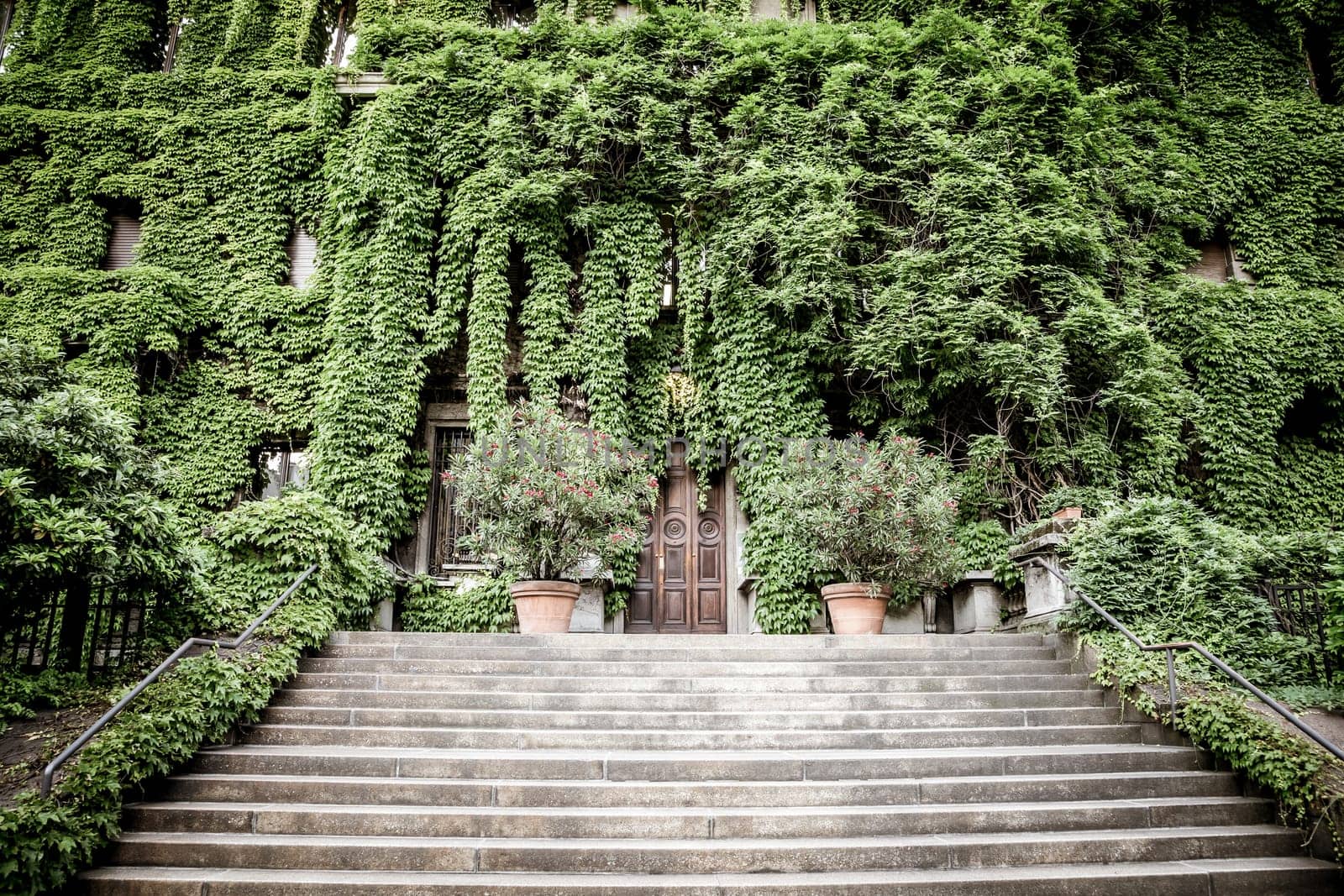 MILAN, ITALY - CIRCA AUGUST 2020 - Integration of nature and real estate on this old Italian building