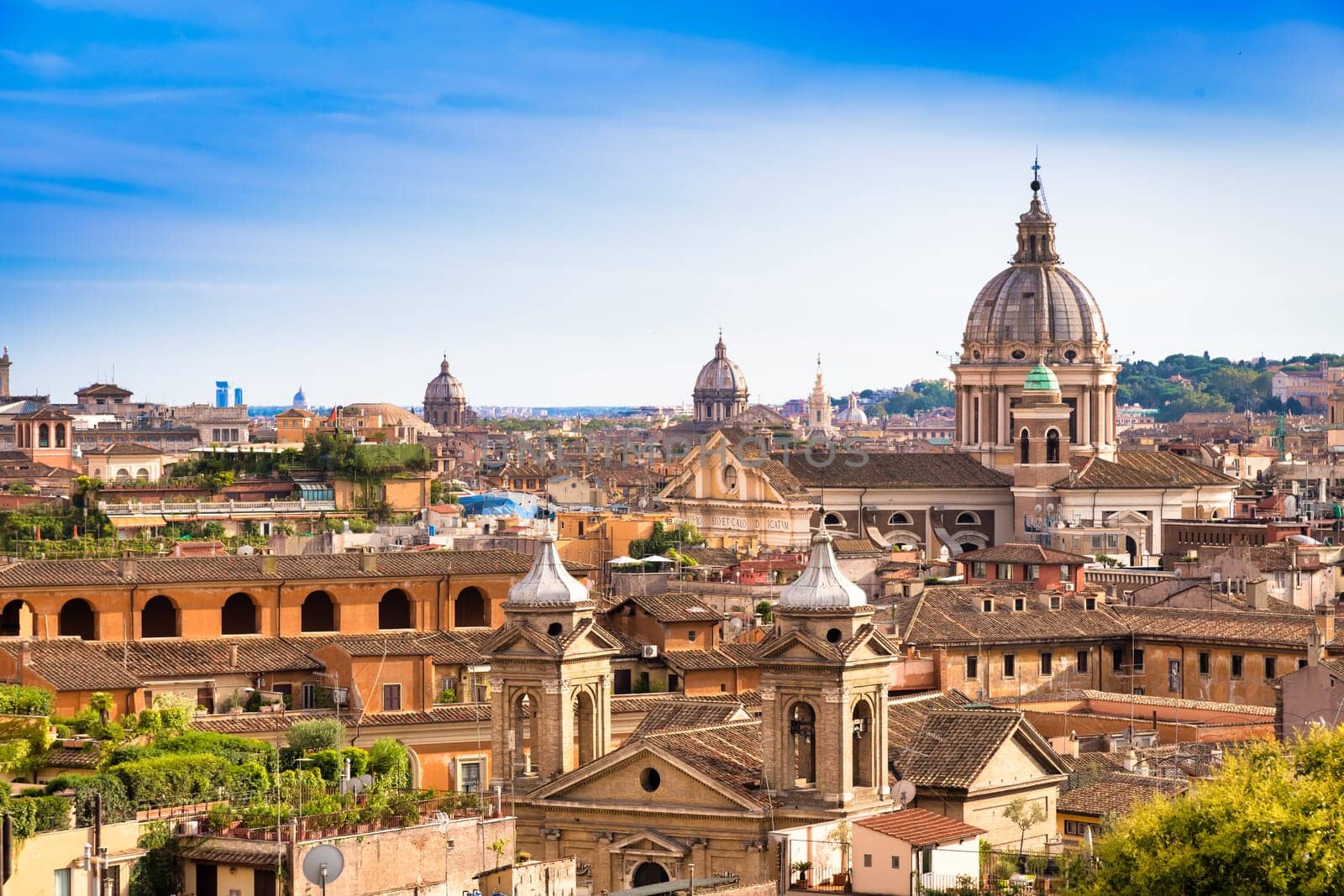 ROME, ITALY- CIRCA AUGUST 2020: panoramic cityscape with blue sky and clouds