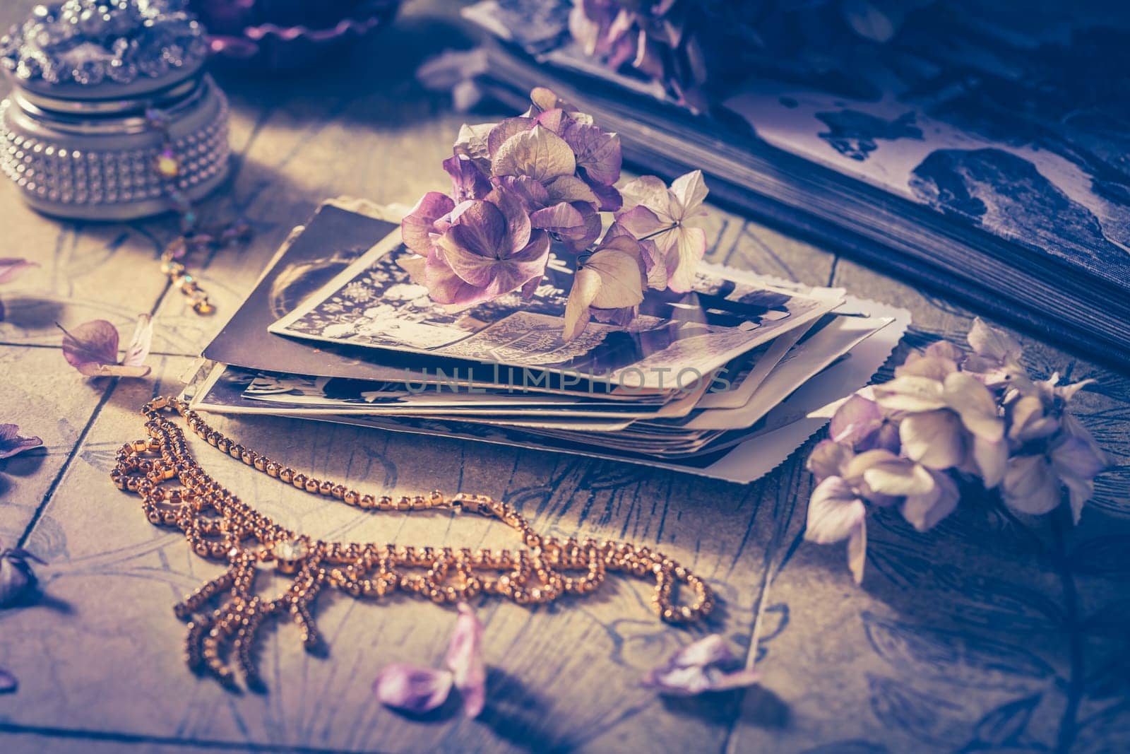 Memories - old family photo album with necklace, old books and dried flowers and candles