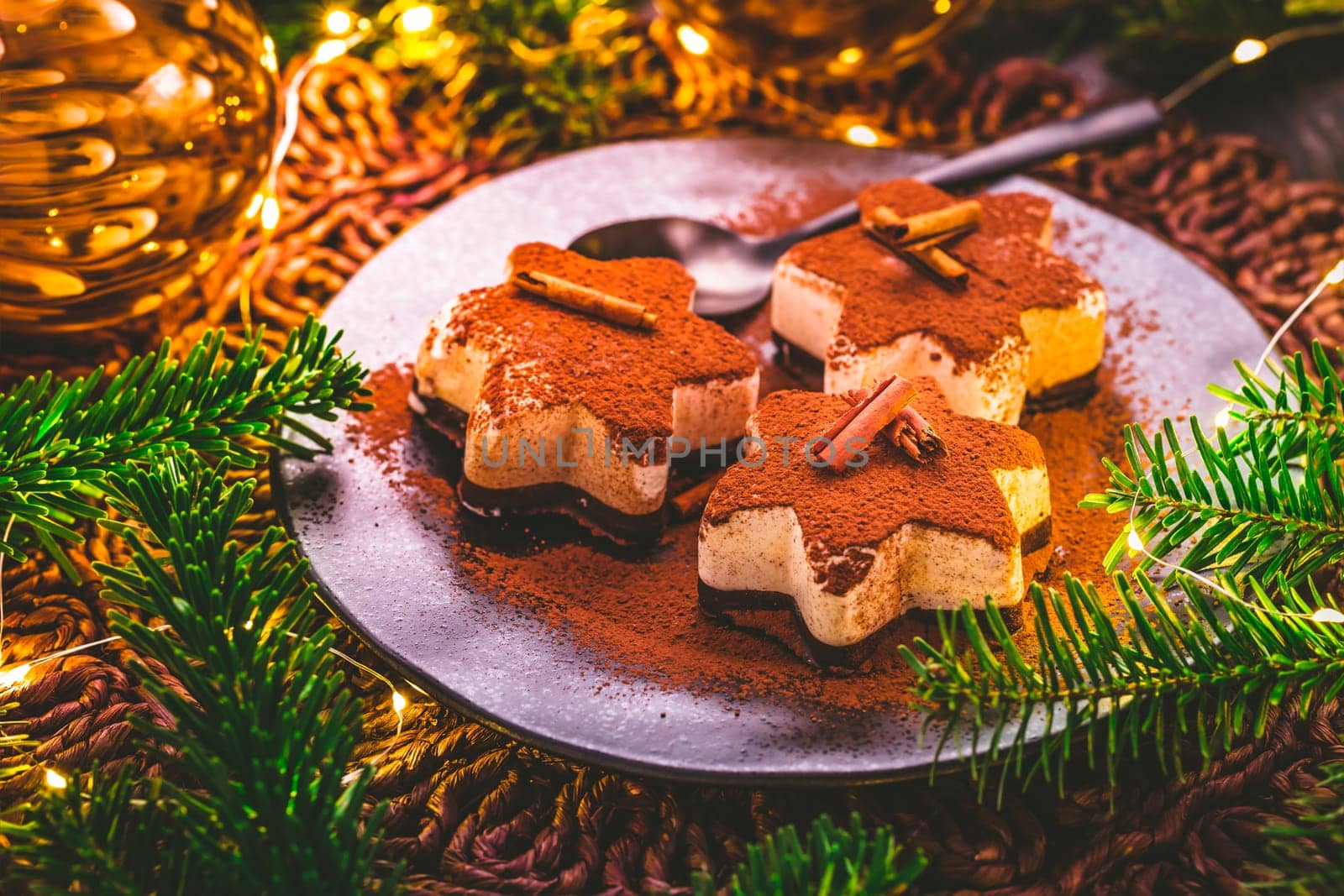 Christmas cinnamon ice dessert in star shape with ornaments