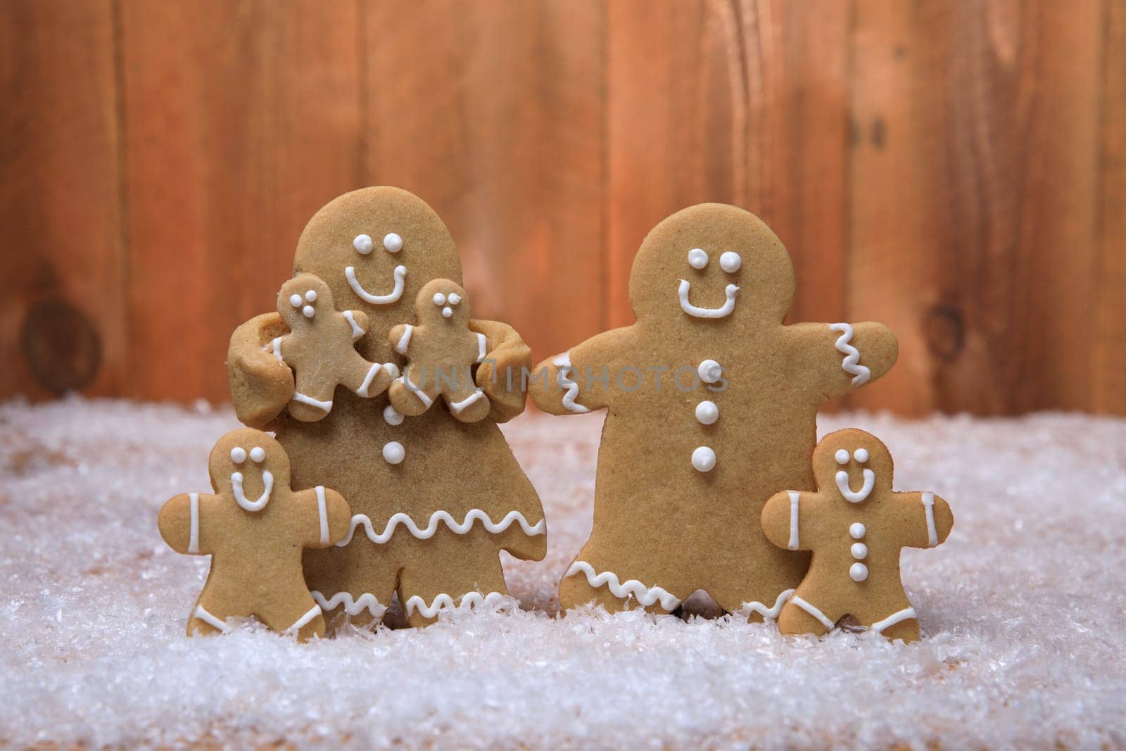 Gingerbread Family of 4 kids on Holiday Christmas Background