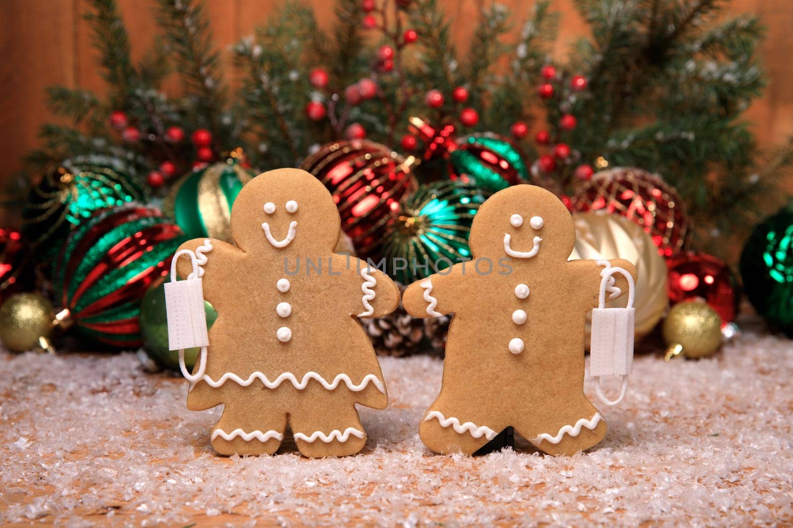 Gingerbread FamilyWith Covid Masks on Holiday Christmas Background
