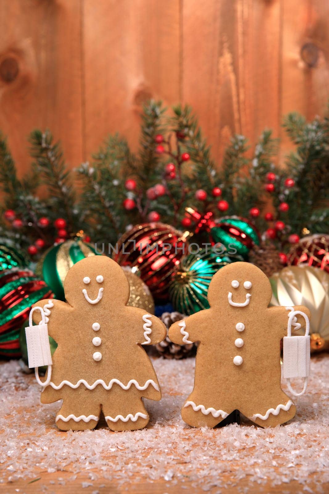 Gingerbread FamilyWith Covid Masks on Holiday Christmas Background
