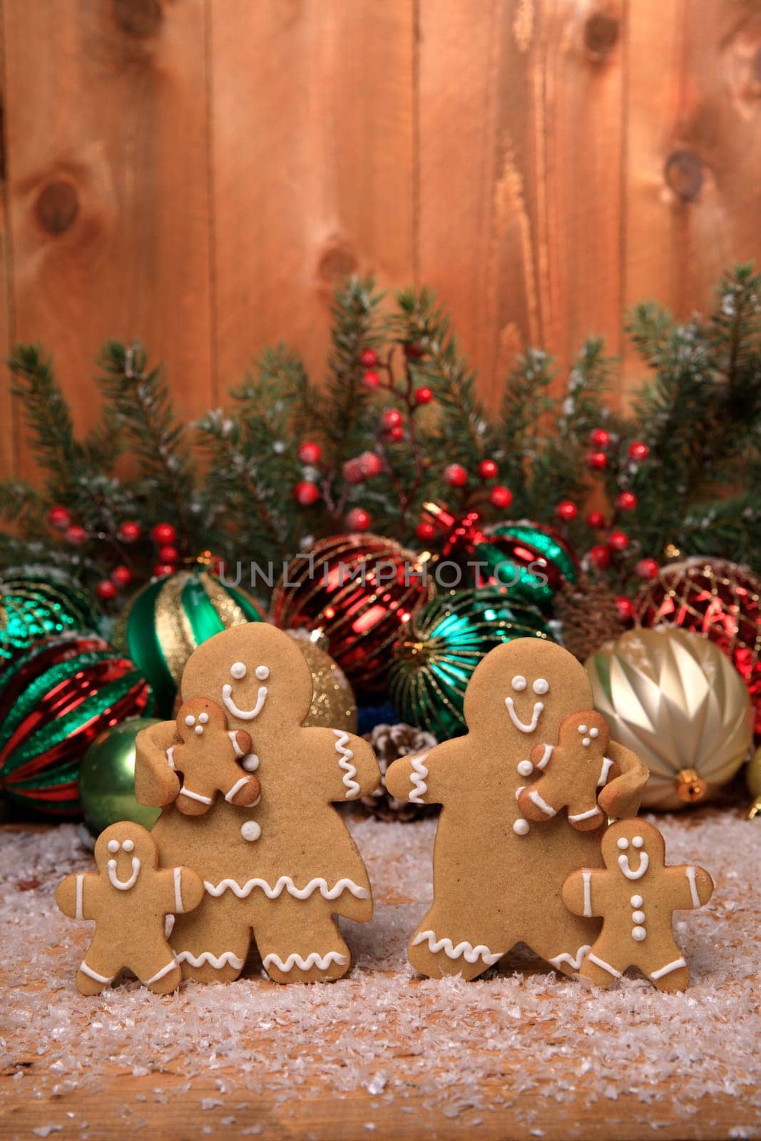 Gingerbread Family of 4 kids on Holiday Christmas Background